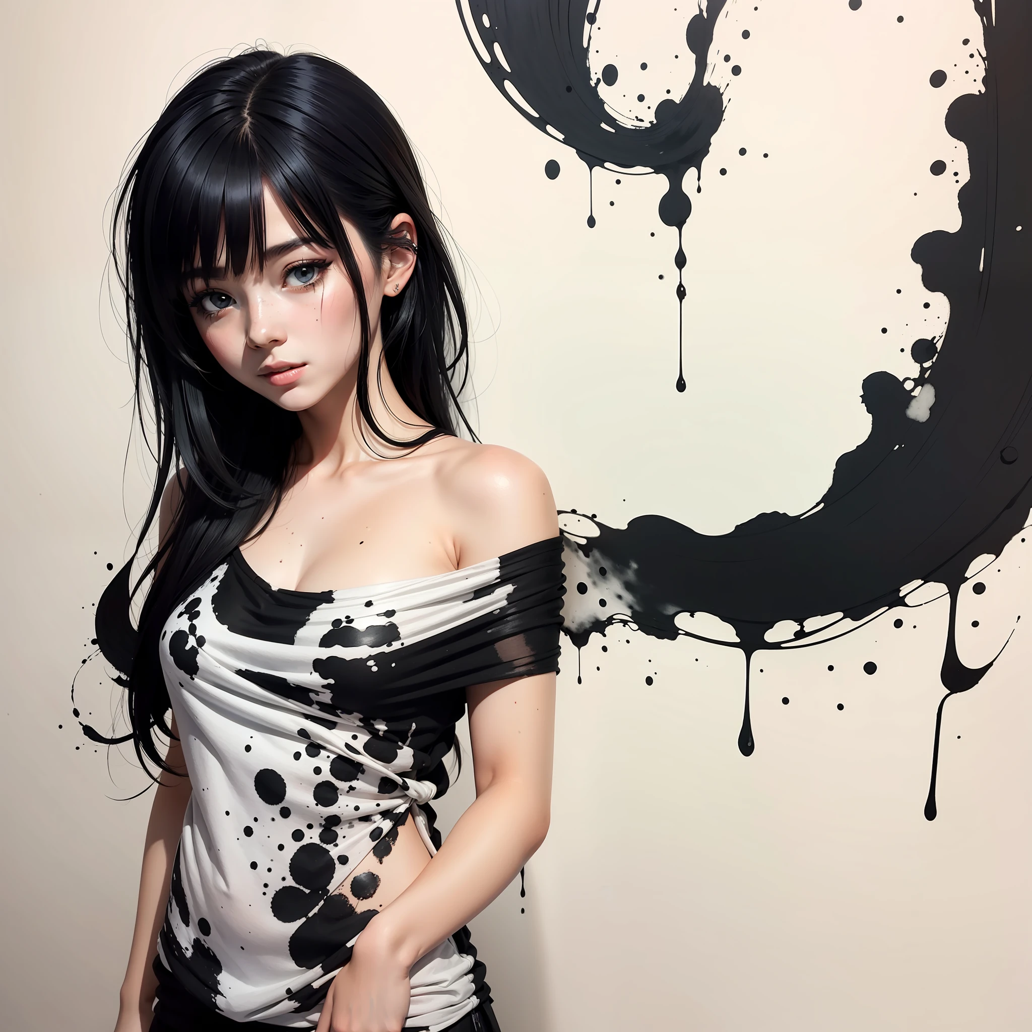 ink painting, smeared ink, black-haired girl, hanging scroll