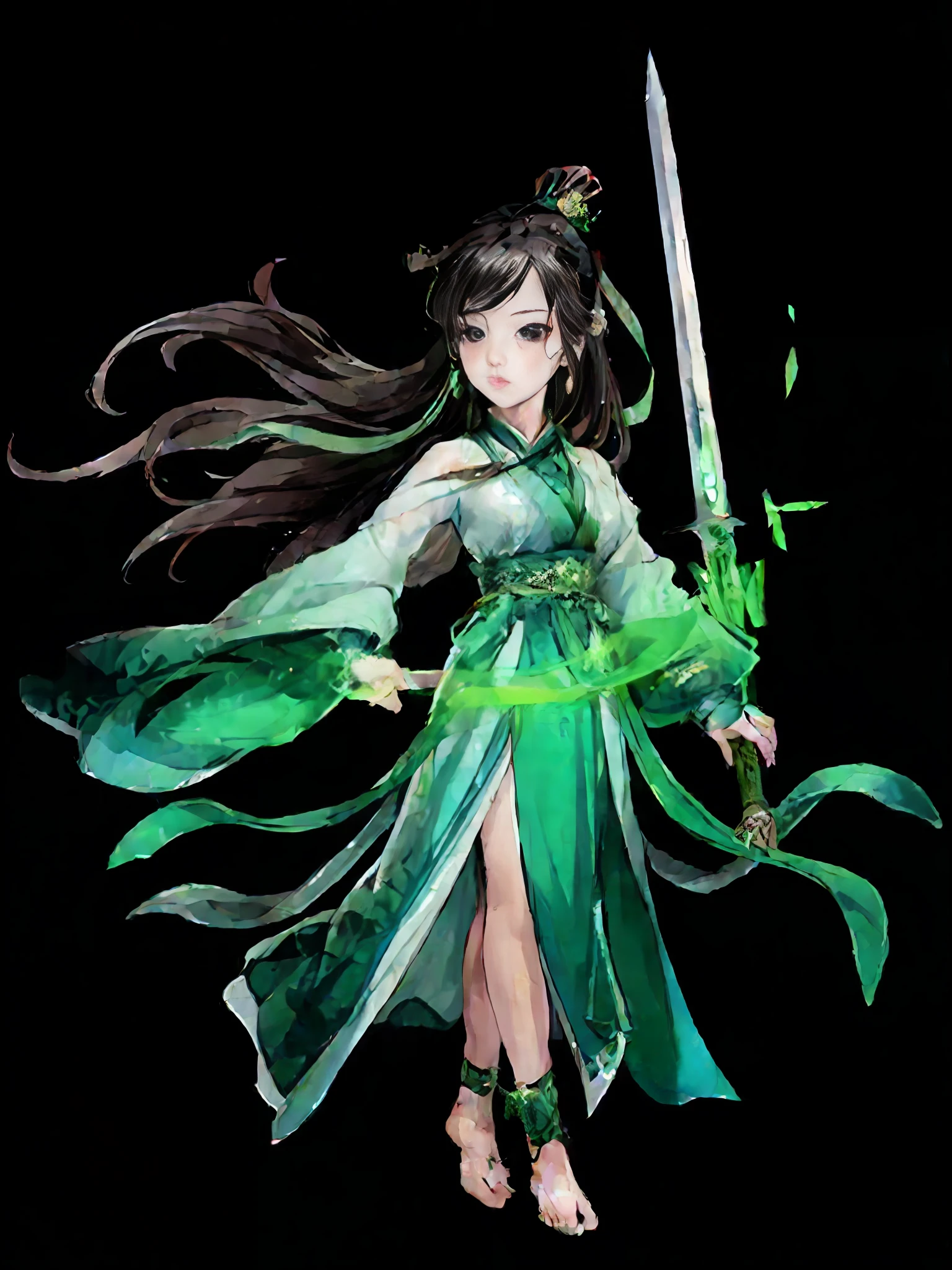 a woman in a green dress holding a sword and a green dress, full body xianxia, onmyoji detailed art, katana zero video game character, full body wuxia, xianxia hero, heise jinyao, glowing green soul blade, yun ling, g liulian art style, inspired by Li Mei-shu, inspired by Lan Ying