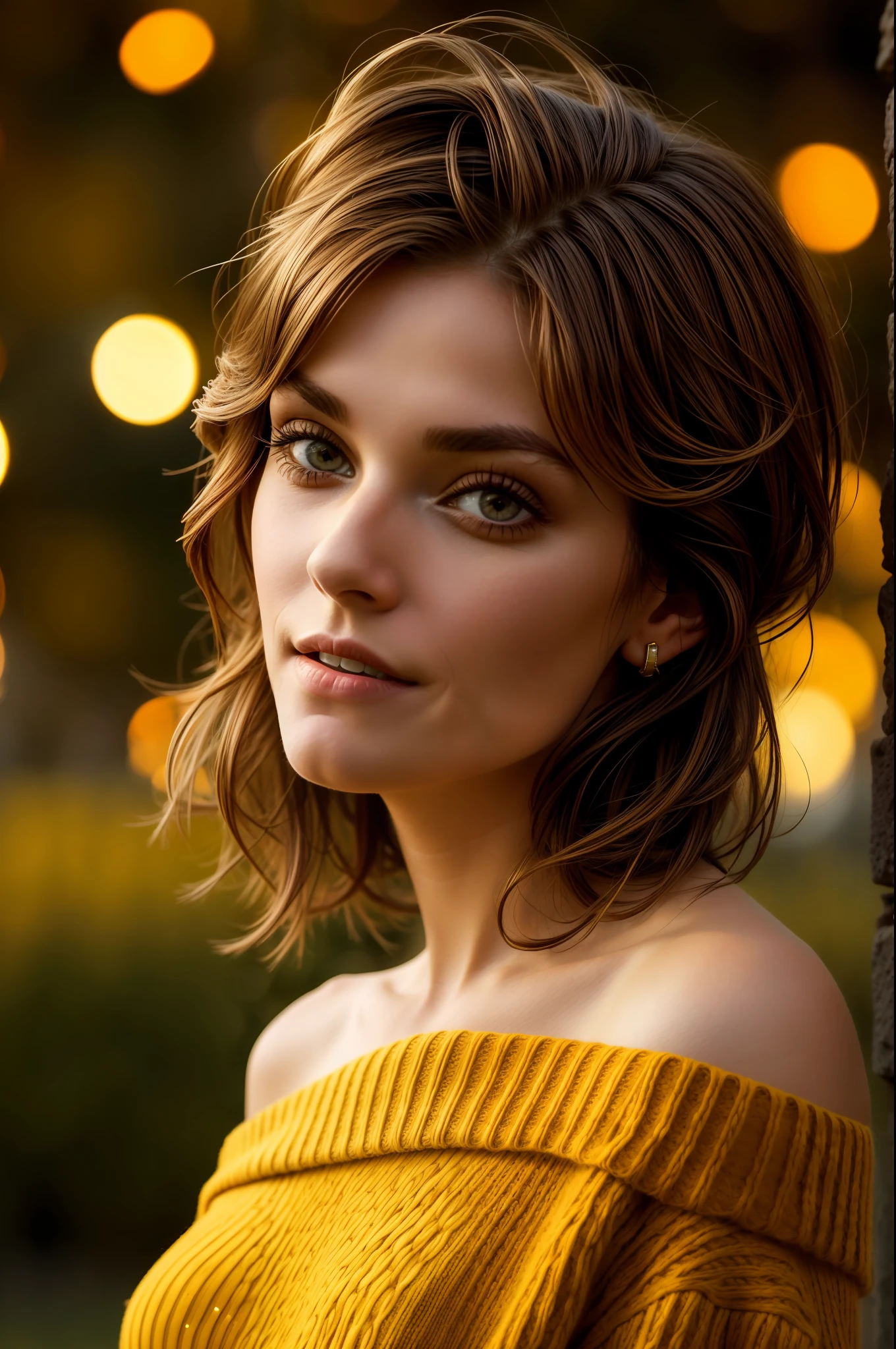 mid-shot, a beautiful woman looking into camera, off shoulder sweater by Chris Foss autumn lights