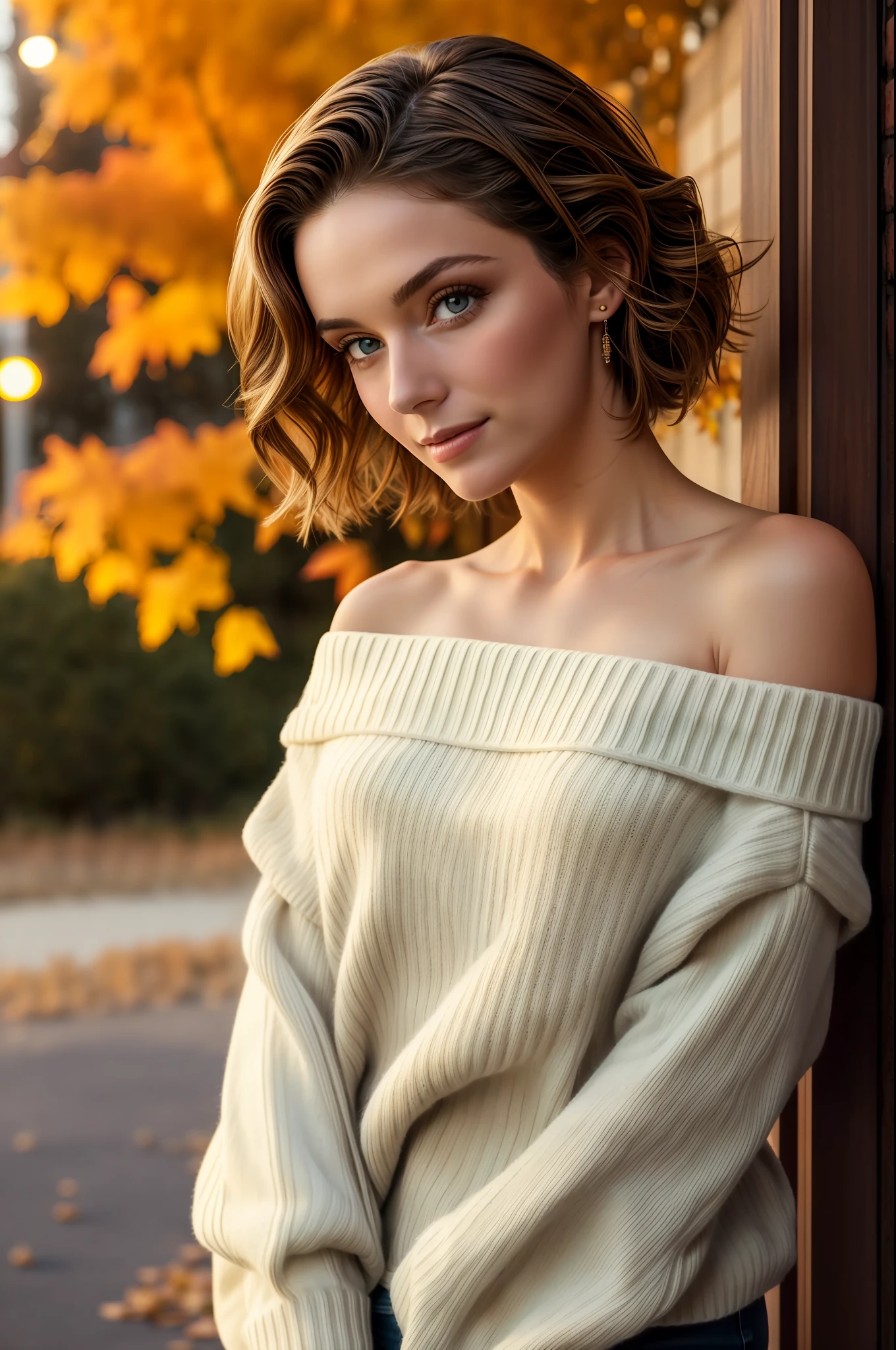 mid-shot, a beautiful woman looking into camera, off shoulder sweater by Chris Foss autumn lights