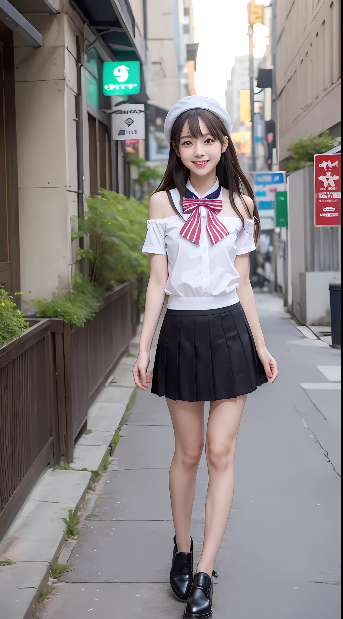 (8k, RAW photo, best quality, mastery:1.3), (realistic, photo-realistic:1.37), (looking viewer:1.331), soft light, 18-year-old girl, pure and beautiful face, perfect body, long shoulder-length hair, black hair, big eyes, (JK_ short-sleeved sailor), short-sleeved white shirt, JK_style, (any color JK_short skirt) , (any color JK_ bow tie), any color pleated skirt, slender long legs, hands behind you, happy laughter, full body shot, glowing skin, city streets, depth of field