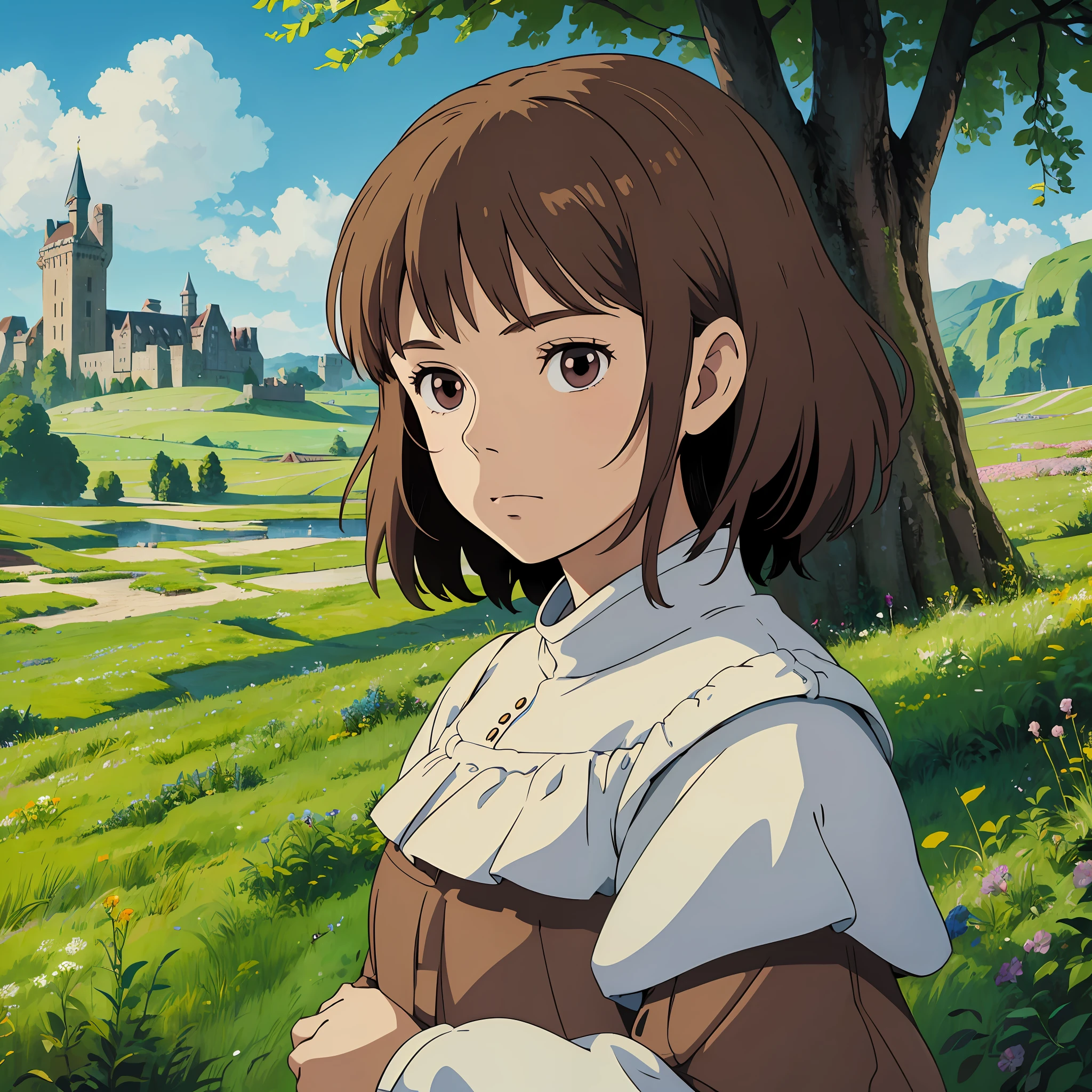 Girl, teen, white skin, short brown hair, brown eye, Medieval dress, STUDIO GHIBLI STYLE, PORTRAIT, PORTRAIT, MEADOW BACKGROUND WITH CASTLE IN BACKGROUND