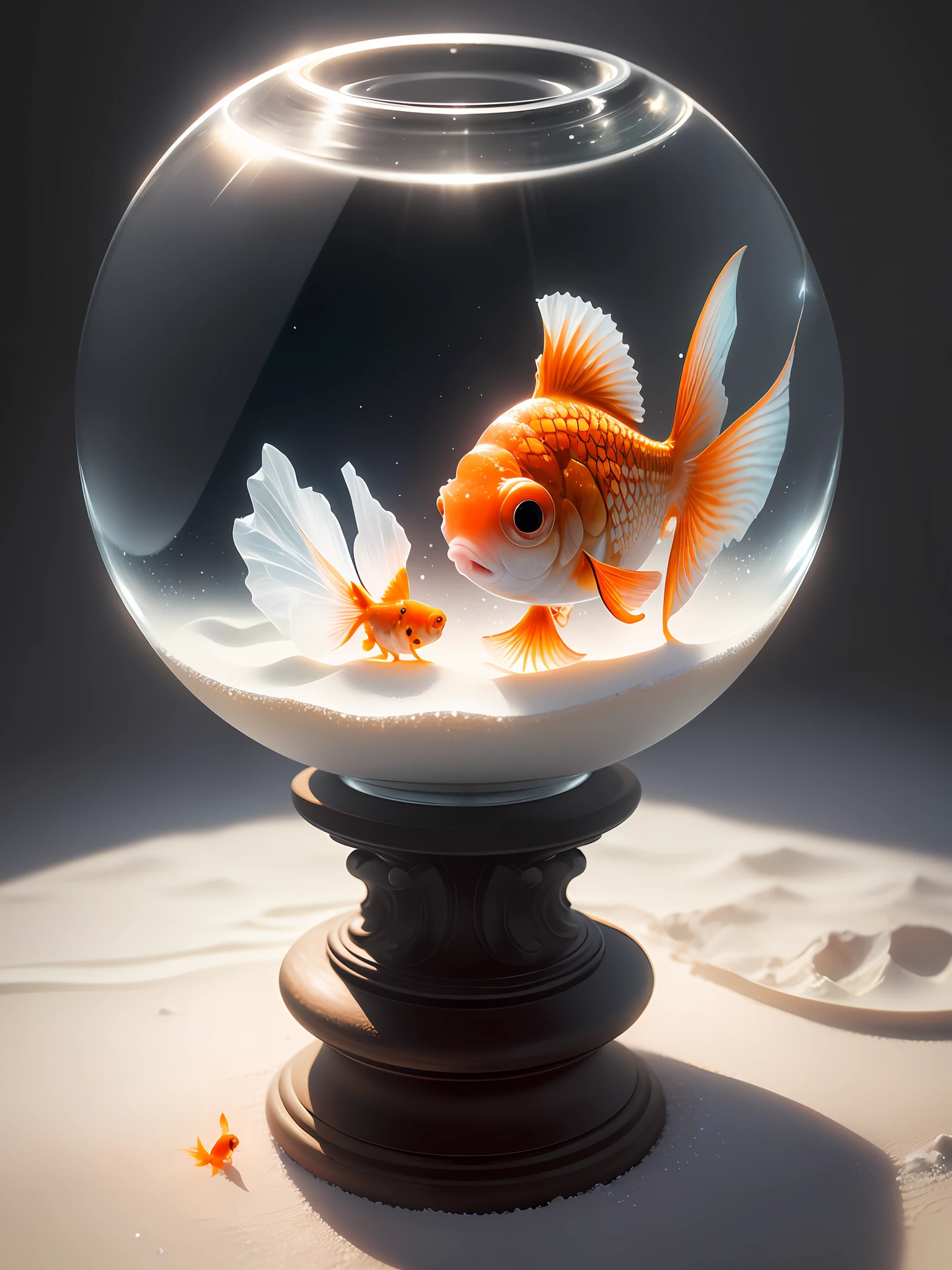 Ultra-realistic, 16K high resolution, (Max Sharp Focus: 1.3), (Max Close-up: 0.5), (Japan goldfish trapped in a crystal perfect ball with pedestal on table: 1.7), (White sand, light coming in through between black clouds, dramatic: 1.3)