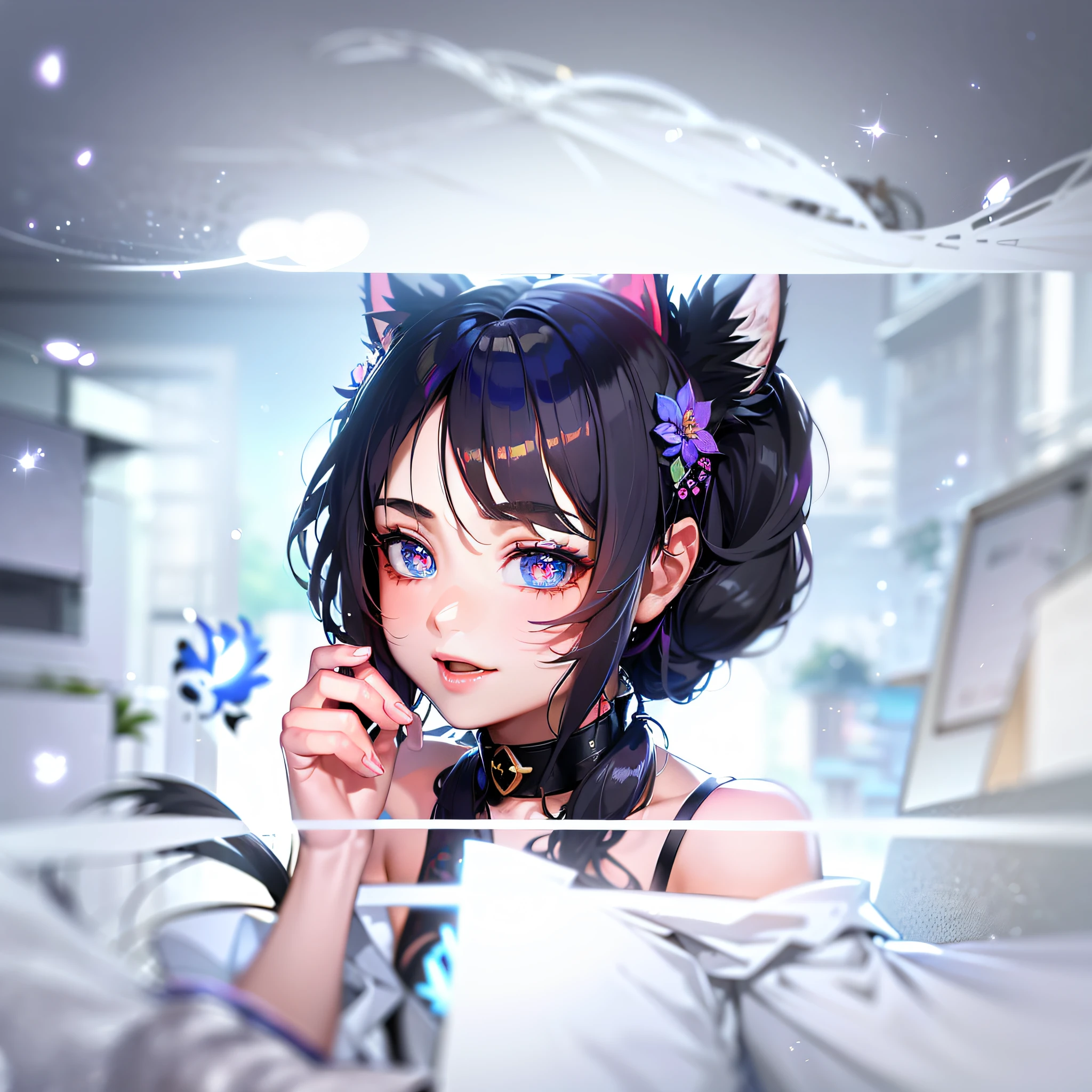(masterpiece, best quality, ultra-detailed CG anime illustration),(Attractive cat girl with cat ears, blue eyes and flower hair),(8k,Young beautiful cat girl, wlop shiny skin),(Depiction of Ahli,Gwise Style,Blue Eyes, Nekomimi),(4k,Very Beautiful Cute Cat Girl, anime style),(cat and girl),(anime style),(Multiple colors of hair: Silver Hair 1.3 + Red Hair 1.2 + Purple Hair + Yellow Hair 1.3 + Green Hair 1.3),(Red Scarf,Floral Design Clothes,Action Pose),(Eyes Shine,Background: Line Art,Cityscape),(8k,Blurry screen, aurora-like,smoke),(Nier Automata like character, beautiful girl)