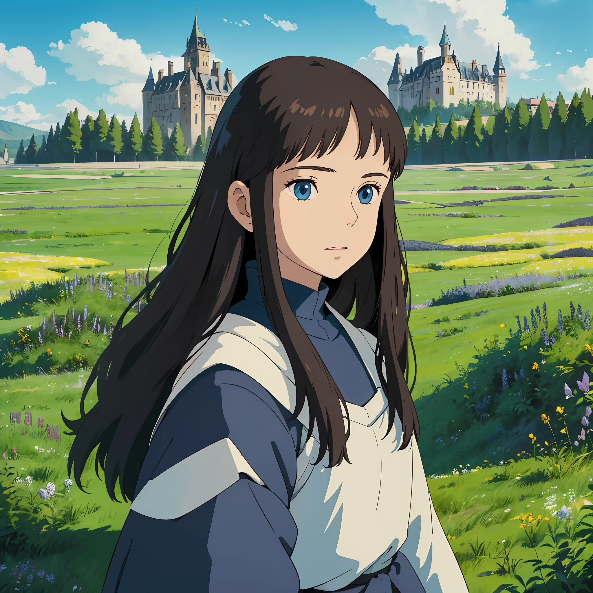 Girl, teenager, long straight brown hair, white skin, blue eye, black medieval dress, STUDIO GHIBLI STYLE, PORTRAIT, PORTRAIT, MEADOW BACKGROUND WITH CASTLE IN THE BACKGROUND