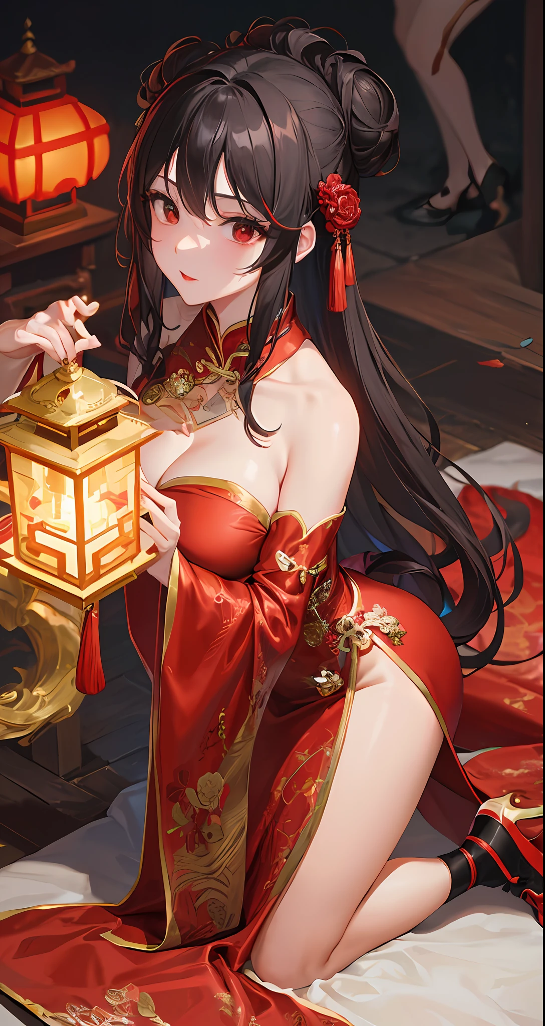 Masterpiece, Superb Body, Extremely Normal Body, Cave House Flower Candle Night, Wedding Scene, (((Single)) (Kneeling Position) Mature Woman, Chinese Style, (Royal Sister), Chinese Costume Red Wedding Dress, Hair Bun, Black Long-haired Woman, (Embroidered Cloth Shoes ++), Black Stockings, Red Lips, Gentle, Intellectual, Three Bands, Wedding Background, Shun, Red Lantern, Festive Atmosphere, Face Close-up, Face Close-up