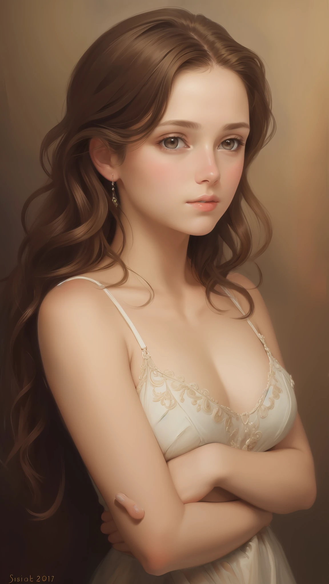 1girl, beautiful girl, very small breasts, short wavy brown hair, portrait, oil painting, modern, realistic proportions, intricate, intricate details, sharp focus