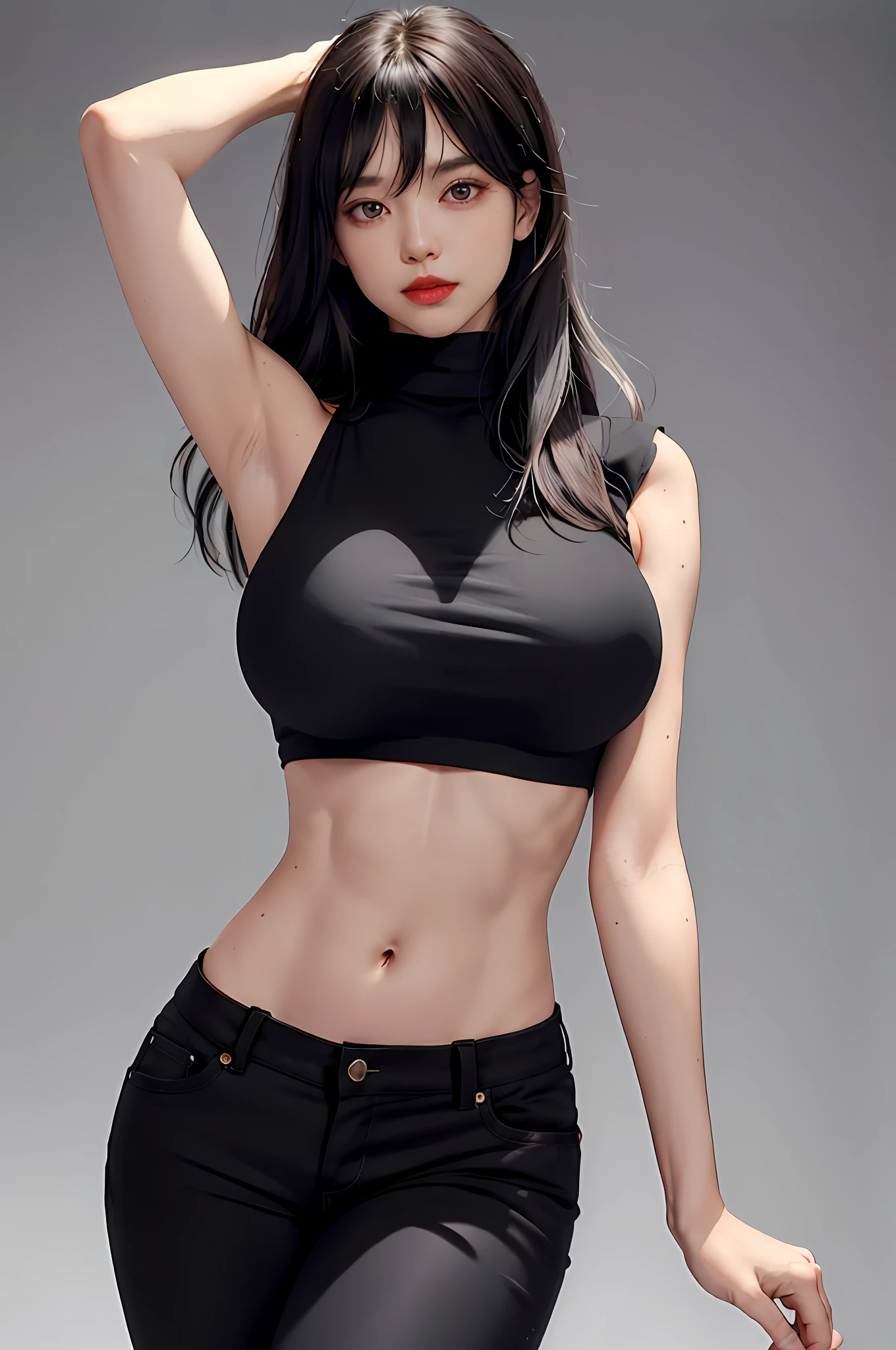 girl, bangs, bare shoulders, black pants, breasts, breasts squeezed together, gray background, hair between eyes, long hair, view viewer, pants, parted lips, red eyes, shirt, simple background, sleeveless, sleeveless shirt, solo, turtleneck, V-arms, gray hair, (shiny skin), (masterpiece: 1.4), (best quality: 1.4), ,,, Facigirl, red lips, perfect abs, navel, (:1.5), (raised areola), , huge, sweat,