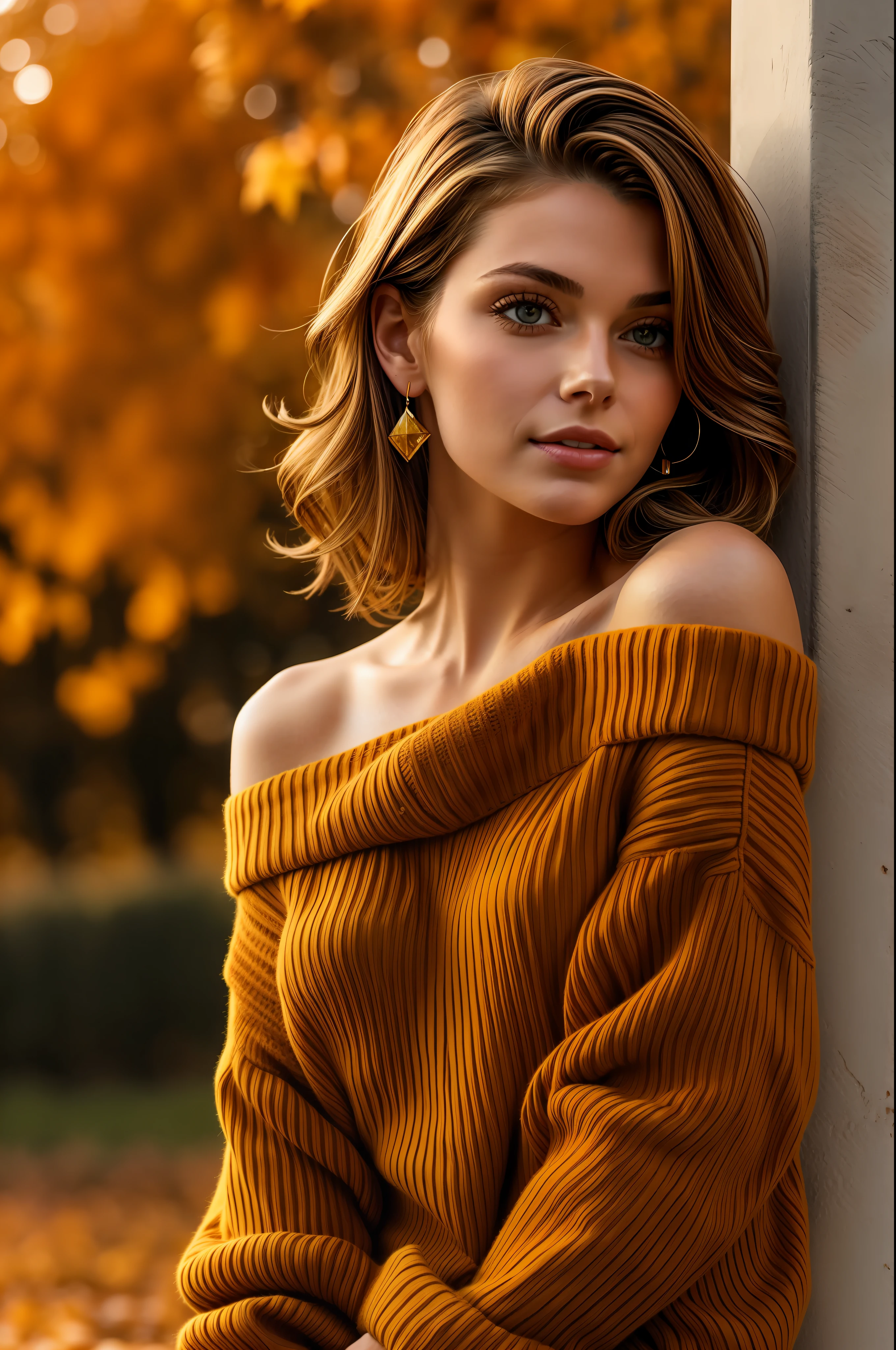 mid-shot, a beautiful woman looking into camera, off shoulder sweater by Chris Foss autumn lights