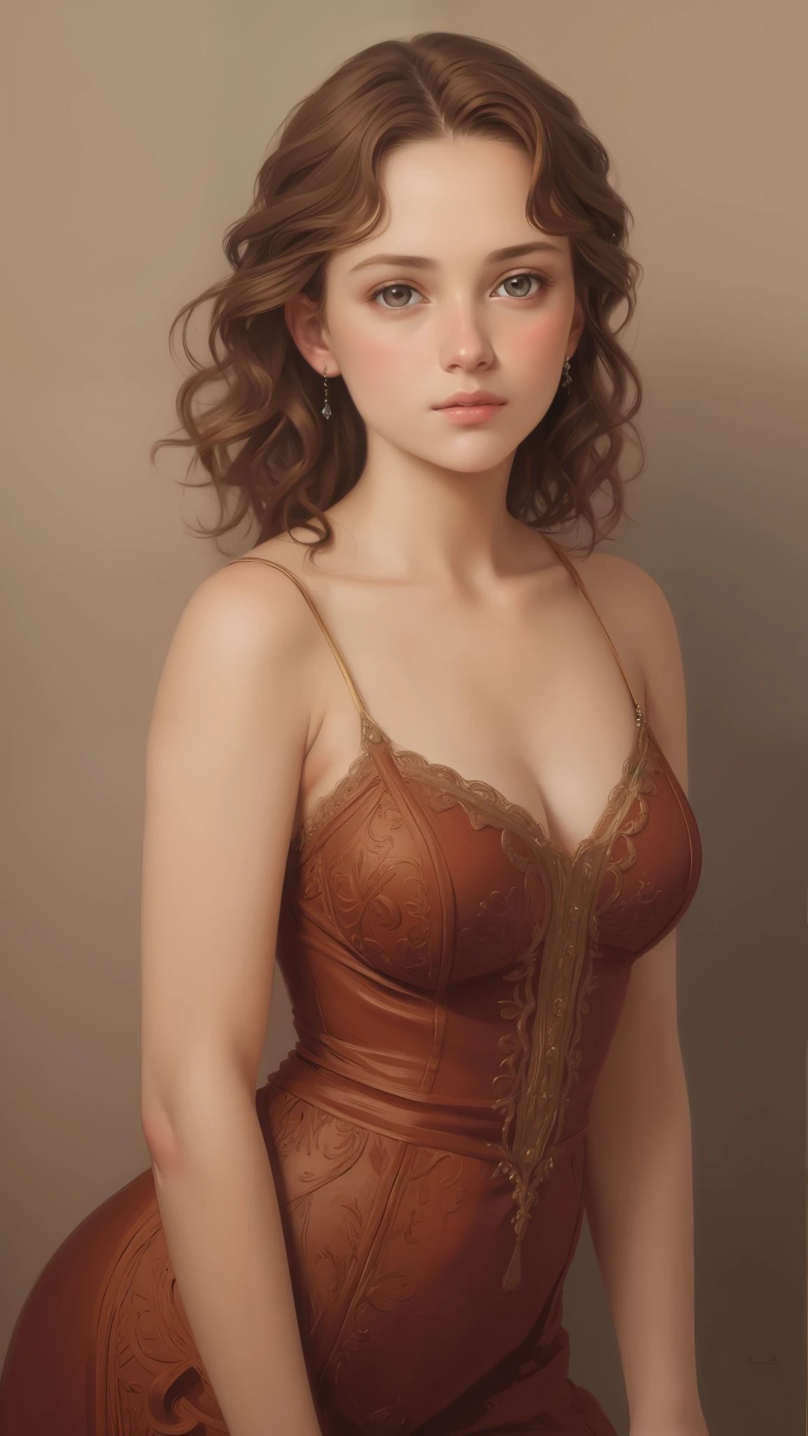 1girl, beautiful teenage girl, very small breasts, short wavy brown hair, portrait, oil painting, modern, realistic proportions, intricate, intricate details, sharp focus