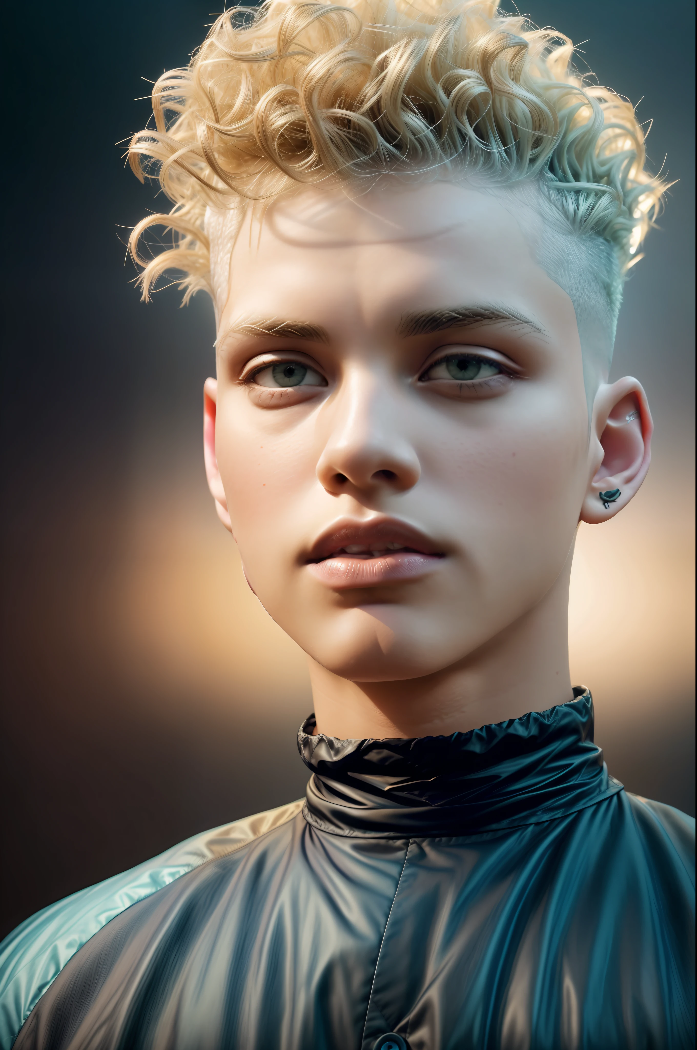 blonde, Curly hair,(hi-top fade:1.3), dark theme, soothing tones, muted colors, high contrast, (natural skin texture, hyperrealism, soft light, sharp),exposure blend, medium shot, bokeh, (hdr:1.4), high contrast, (cinematic, teal and orange:0.85), (muted colors, dim colors, soothing tones:1.3), low saturation, (hyperdetailed:1.2), (noir:0.4)