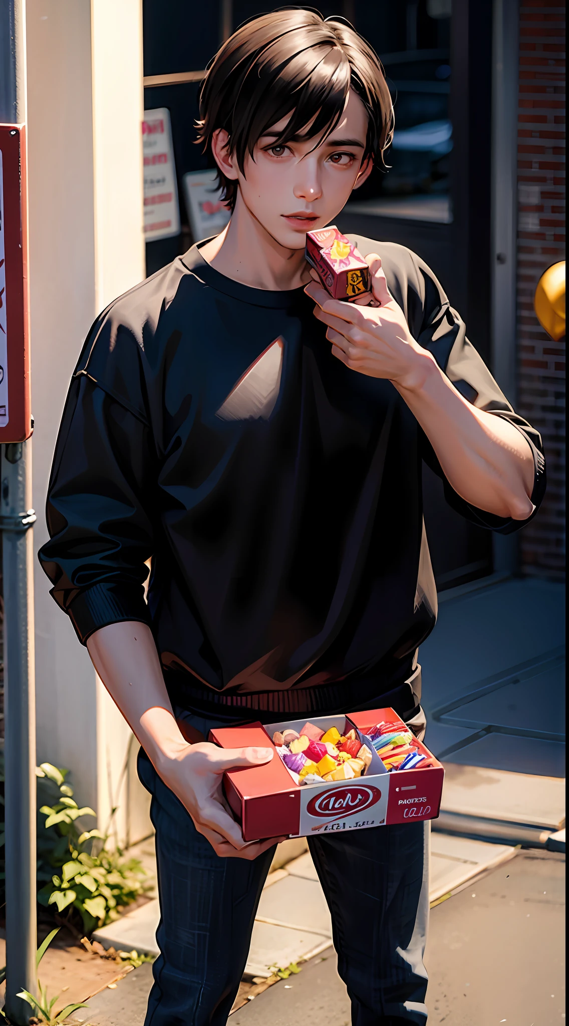 A close-up of a 24-year-old boy holding a box of candies