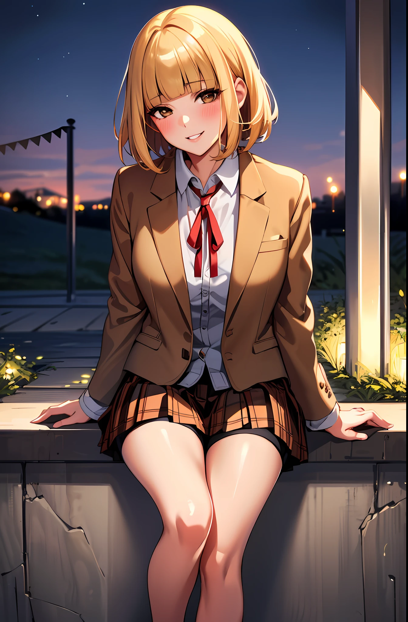 (masterpiece,best quality, detailed), 1girl, solo, outdoors, stairs, linked fence, night, from below, smile, parted lips, squinting, eyelashes, seductive smile, sitting, blush,
midorikawa hana, brown jacket, neck ribbon, collared shirt, school uniform, plaid skirt, (shorts, shorts under skirt), loafers