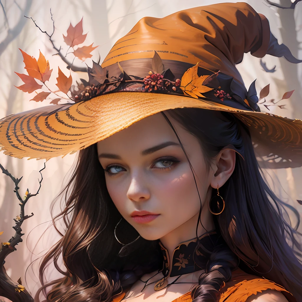 Autumn Witch woman, closeup illustration in the style of harry honnington, in the style of mary jane ansell, romanticized landscapes, lilia alvarado, robert bissell, painting and writing tools, ethereal trees, dark orange and grey, Brothers Grimm --auto --s2