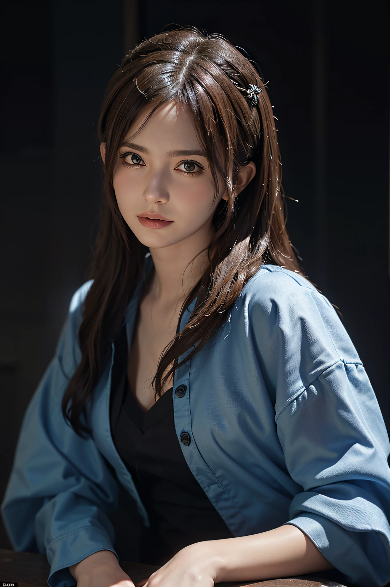 (pre-focus), (Darkness: 1.6), hyper-realist female portrait by David Hockney and Alphonse Mucha, fantasy art, photorealistic, dynamic lighting, art station, poster, volume lighting, highly detailed face, 4K, award-winning, one-girl, in dim light, deep shadows, low-key, Cowboy Shot, (formal attire: 1.4), Long Hair, Blonde, ((Close-up of face)),