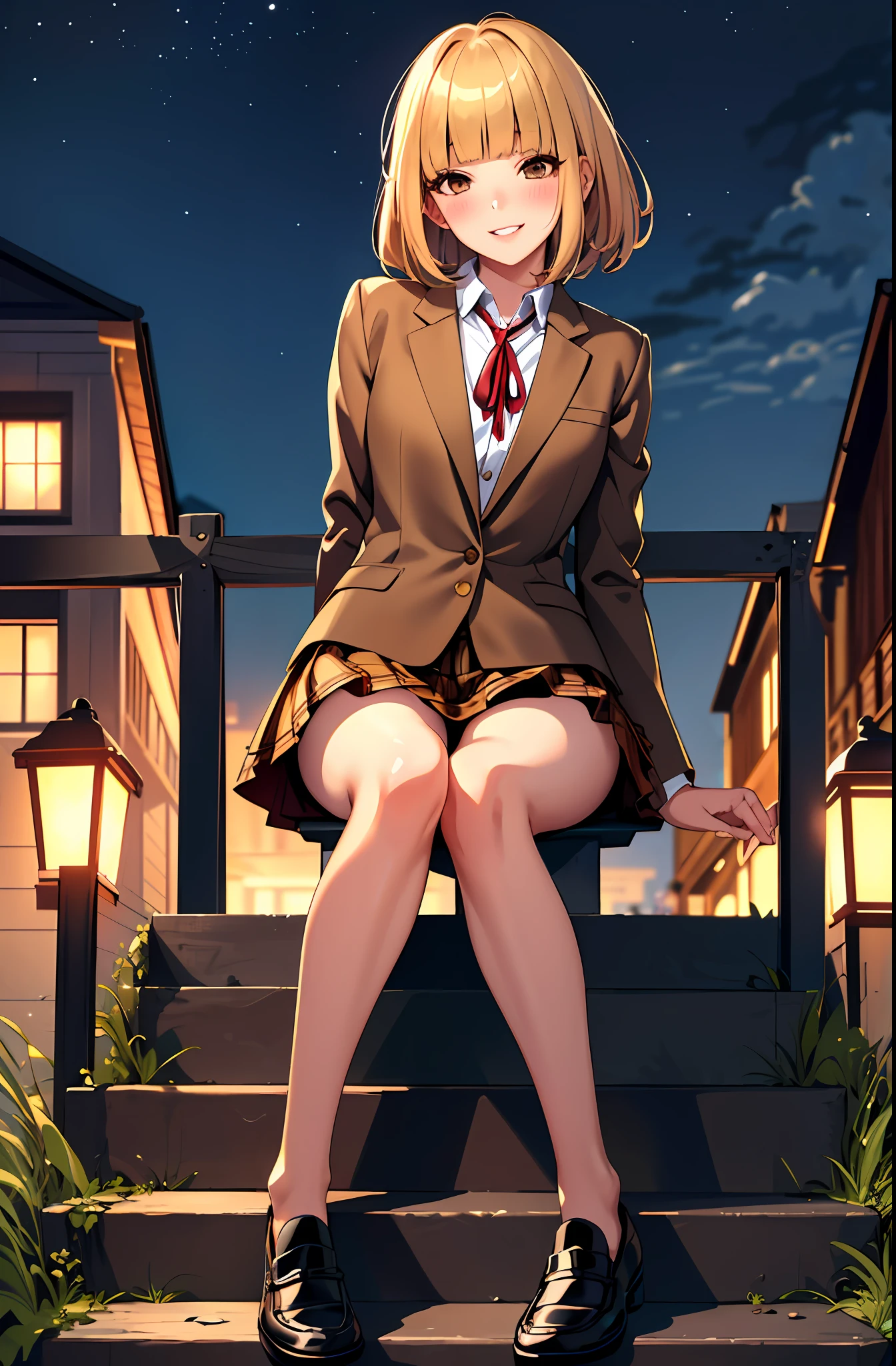 (masterpiece,best quality, detailed), 1girl, solo, outdoors, stairs, linked fence, night, from below, smile, parted lips, squinting, eyelashes, seductive smile, sitting, blush,
midorikawa hana, brown jacket, neck ribbon, collared shirt, school uniform, plaid skirt, (shorts, shorts under skirt), loafers