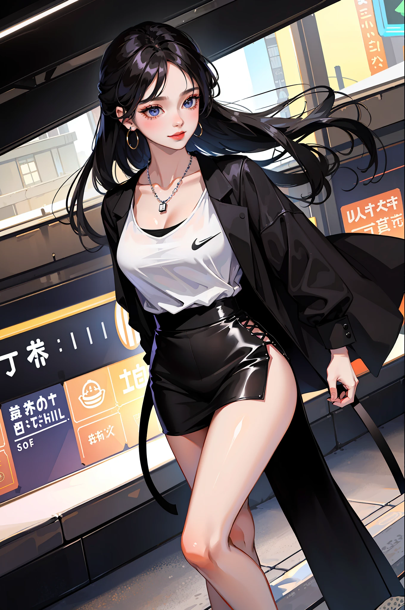 (Best quality, 8k, masterpiece), (a pretty girl, long pure black hair, Hime hairstyle, hair edges are very neat, big eyes: 1.4, long eyelashes, delicate makeup: 1.4, sexy lips, blush), (delicate watches, delicate necklaces, large earrings), (caught in the subway train, riding the subway, standing), (fashionable outfit, leopard print shorts on the outside, white T-shirt on the inside, Nike, black fashion sunglasses hanging on the clothes), (medium chest, stiff), ( Black Oil Glossy Clear Pantyhose), (High-waisted Skirt), Light Ripen, Royal Sister, Best Light, Best Shadow, Movie Lighting, 28 Years Old, 1girl, Acura, (Real Skin, Supple Skin) Ray Tracing, Unreal Engine 5, Reflective Skin, Digital Illustration, Game CG Characters, Supermodel, (Kpop, idol), (Body Edge Light, Colored Light Sources Around), Wind Blowing Hair, Listening to Songs with Headphones, (Looking at the Camera with a shy smile, happy expression), (thin waist, wide hips, fitness figure, buttocks), close-up