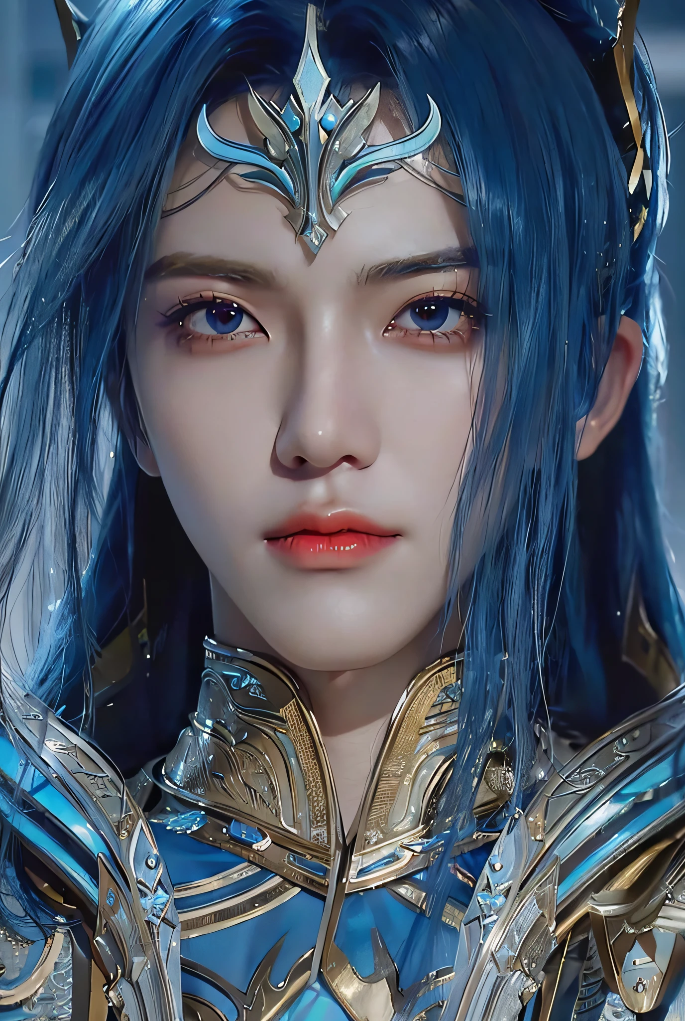 a close up of a person with blue hair and a blue wig, zhao yun, beautiful male elf, heise jinyao, unreal engine render saint seiya, a male elf, 8k highly detailed face, elven male, elven character with smirk, 4 k detail fantasy, blue elf, xianxia fantasy, xianxia hero