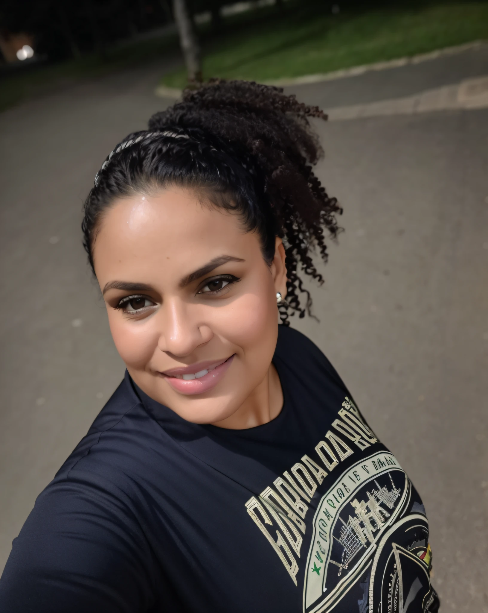 There is a woman taking a selfie with her cell phone, 3 5 years old Brazilian mother, 3 0 years old woman, 30 years woman