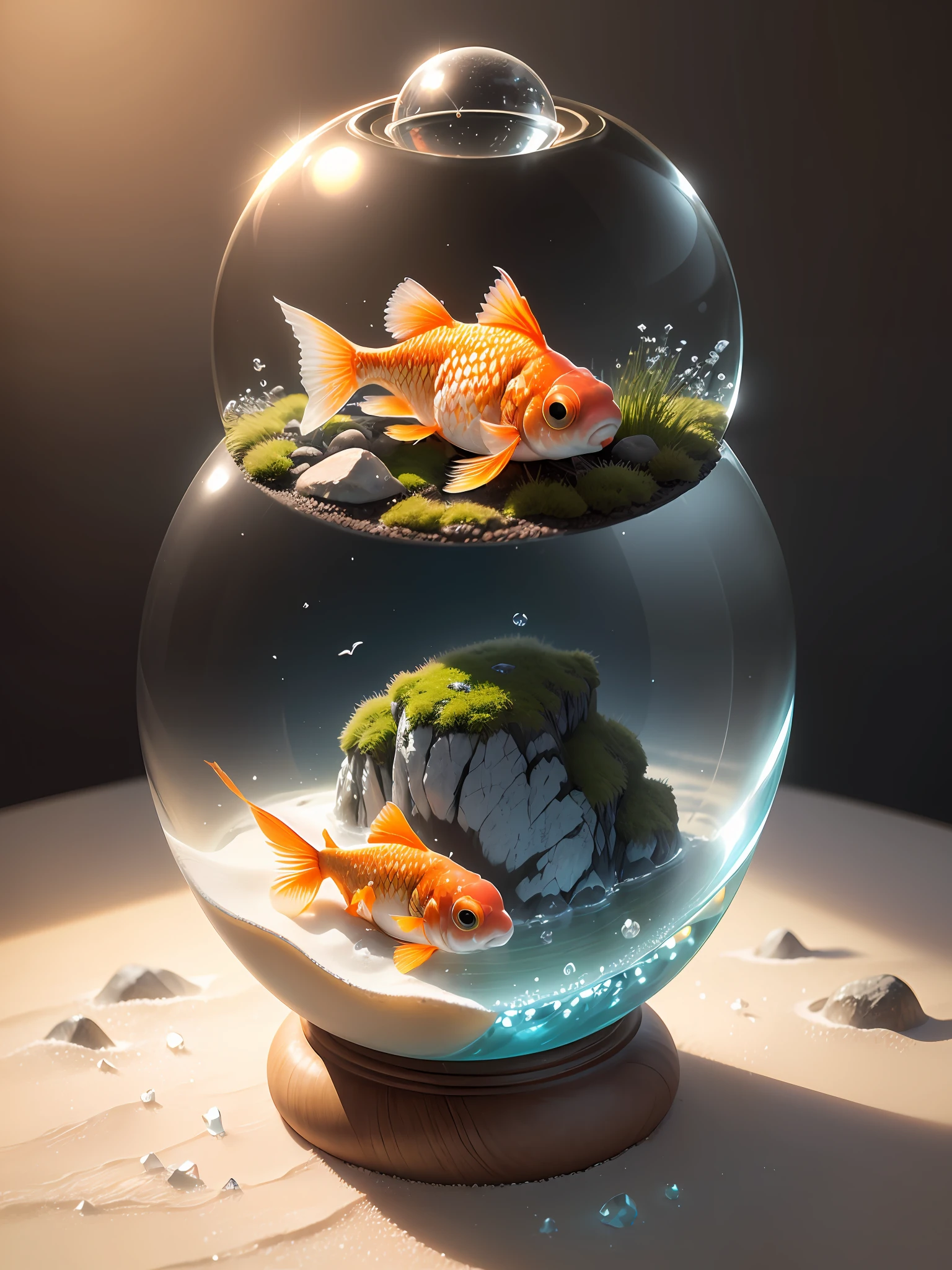 Ultra-realistic, 16K high resolution, (Max Sharp Focus: 1.3), (Max Close-up: 0.5), (Japan goldfish trapped in a crystal perfect ball with pedestal on table: 1.7), (Light coming in from between white sand, water plants, moss, rocks, black clouds, dramatic: 1.3)
