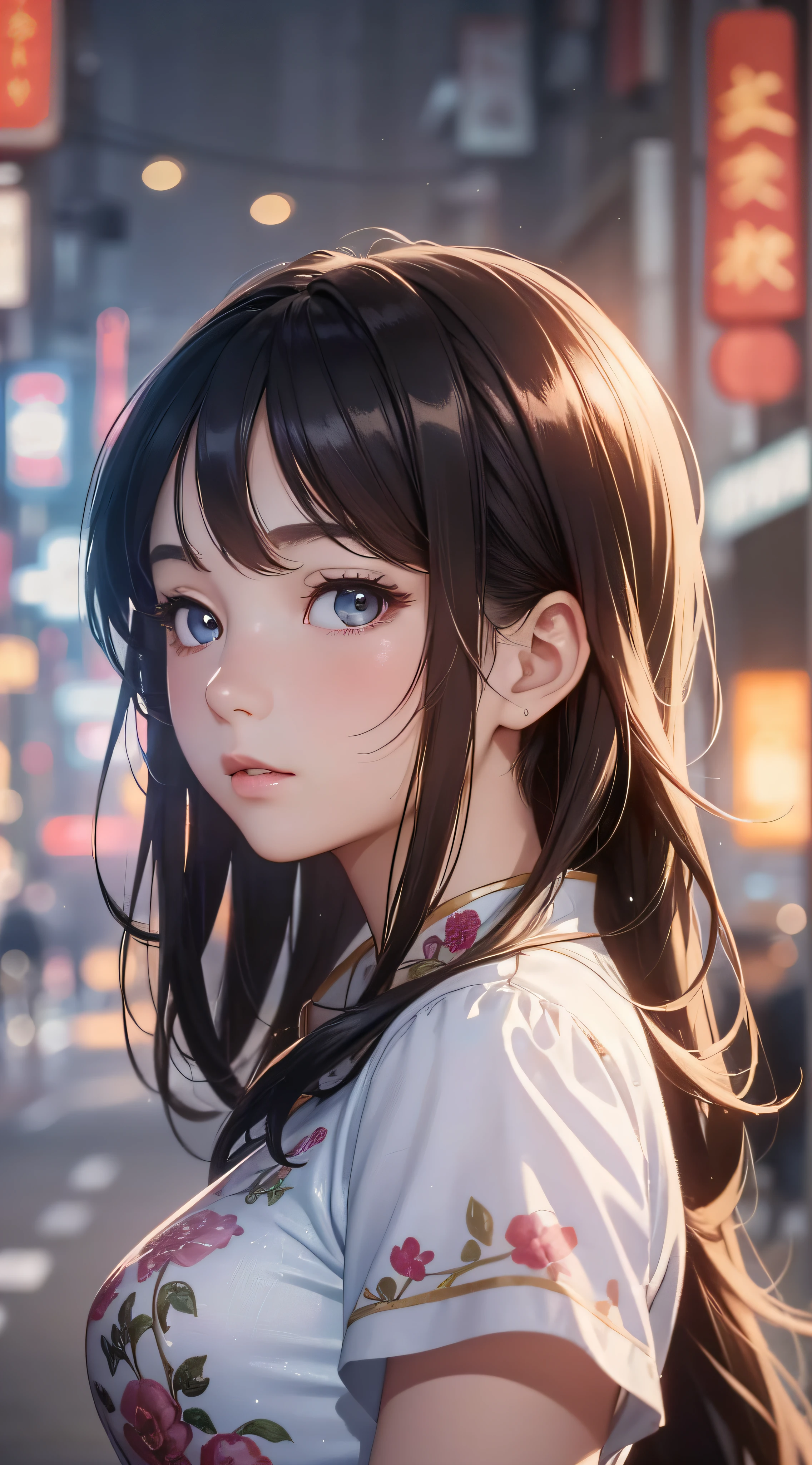 (close-up of painting style, ultra-high-definition 8K, masterpiece-level CG wallpaper), movie-level lighting, cute girl, delicate and beautiful face, dreamy eyes, gorgeous cheongsam, standing on the bustling Chinese city streets, delicate posture, fashion illustrations.