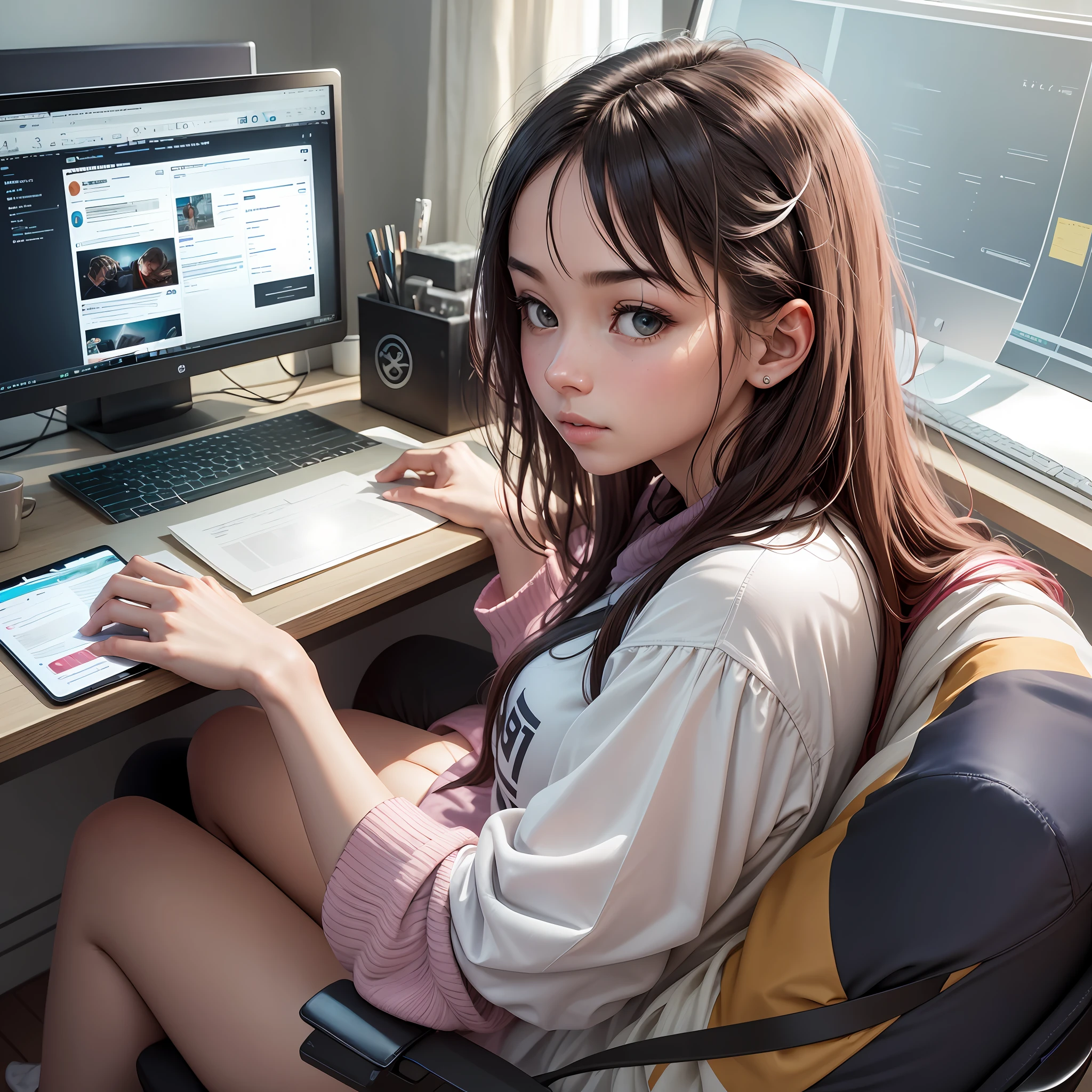 Please create a photo of a person sitting in front of a computer with various distractions around --auto --s2