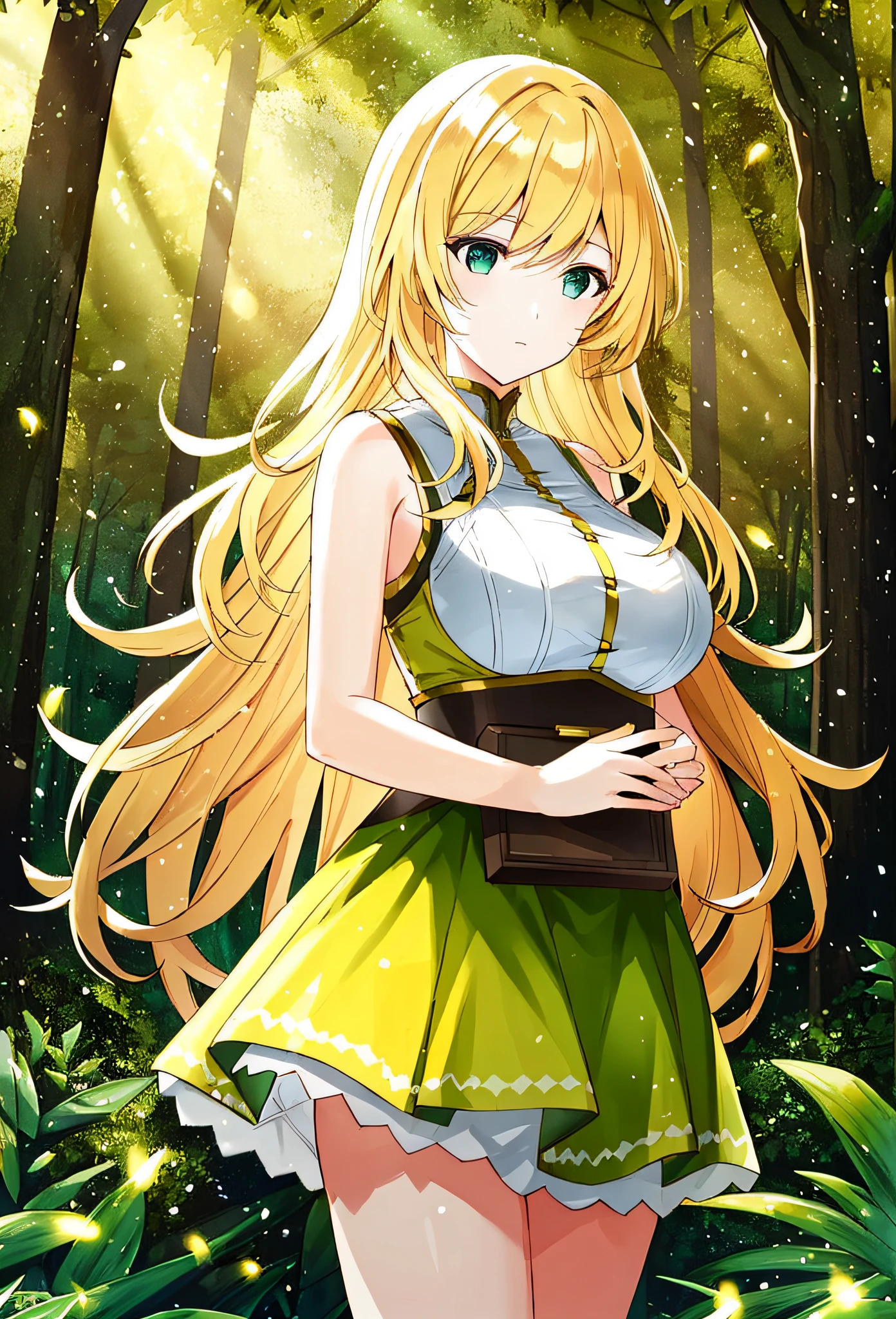 1 woman, blonde and brown hair, long hair, green eyes, multicolored eyes, expressionless, swimsuit, warm colors, yellow light, forest background, warm colors, fireflies, lens flares, masterpieces, top quality, high quality, professional novel illustration, big breasts