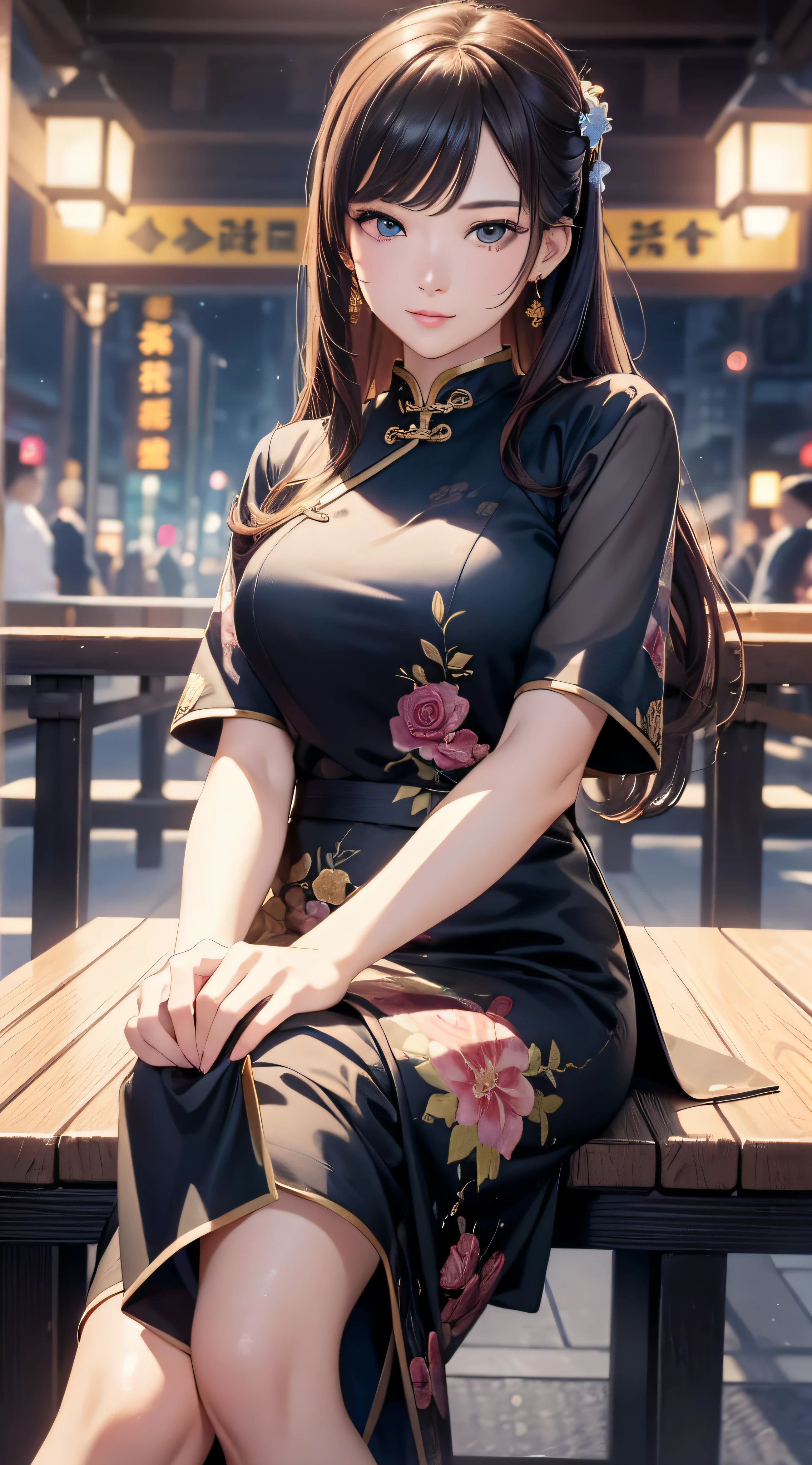 (close-up of painting style, ultra-high-definition 8K, masterpiece-level CG wallpaper), movie-level lighting, cute girl, exquisite and beautiful face, dream eyes, cheongsam, sitting on the seat of the outdoor restaurant, beautiful posture, fashion illustration.