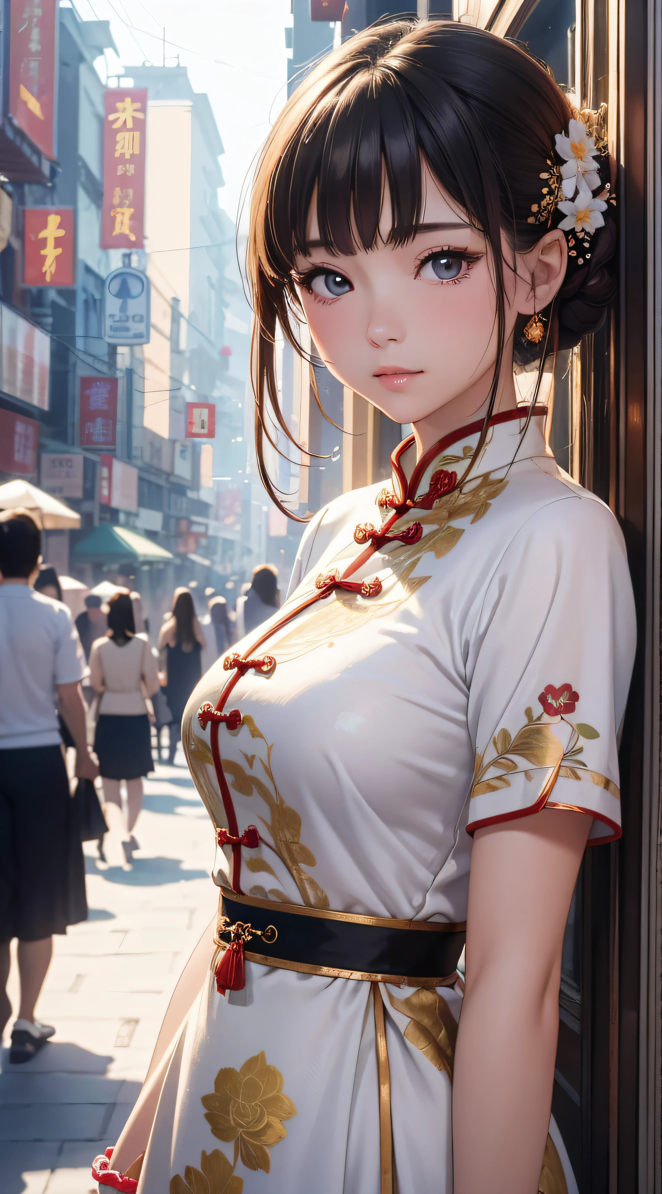 (close-up of painting style, ultra-high-definition 8K, masterpiece-level CG wallpaper), movie-level lighting, cute girl, delicate and beautiful face, dreamy eyes, gorgeous cheongsam, standing on the bustling Chinese city streets, delicate posture, fashion illustrations.