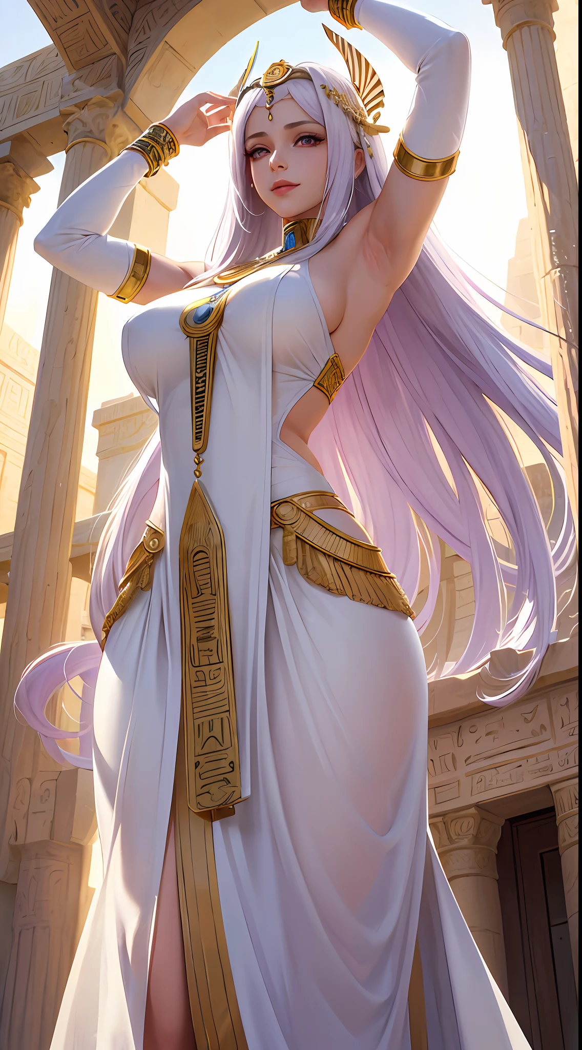 (masterpiece, best quality, 8k), 1girl, mature woman, attractive goddess, lips, ancient egypt clothes, white clothes, gorgeous clothes, detailed pattern, purple eyes, long white hair, arms up, armpits, divine, immortal, light smile, ancient egypt building, detailed building, outdoor, godlike, godrays, cinematic lighting, (from below)
