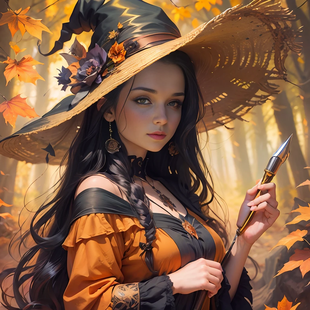 Autumn Witch woman, closeup illustration in the style of harry honnington, in the style of mary jane ansell, romanticized landscapes, lilia alvarado, robert bissell, painting and writing tools, ethereal trees, dark orange and grey, Brothers Grimm --auto --s2