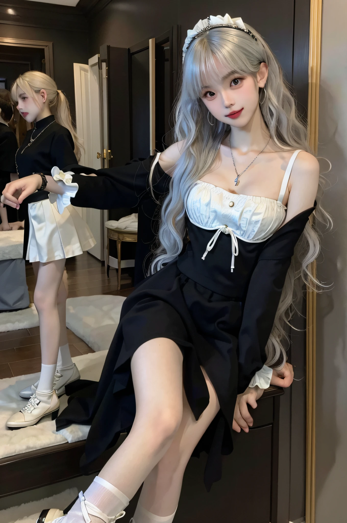 (Best Quality, High Resolution, Masterpiece: 1.3), A Tall and Beautiful Girl, A , Slender Legs, Stand Position, Posing, Small White Shoes, Slender Abs, Silver-White Hair in Loose Wave Styling, Full Body, Ultra Wide Angle, Wrist Ornament, Breasts, Wearing Pendants,, Smile, Glamorous,(Black Maid Outfit), (Modern Architecture in the Background), Fair Skin, Beautifully Presented Details in Face and Skin Texture, Detailed Eyes, Double Eyelids