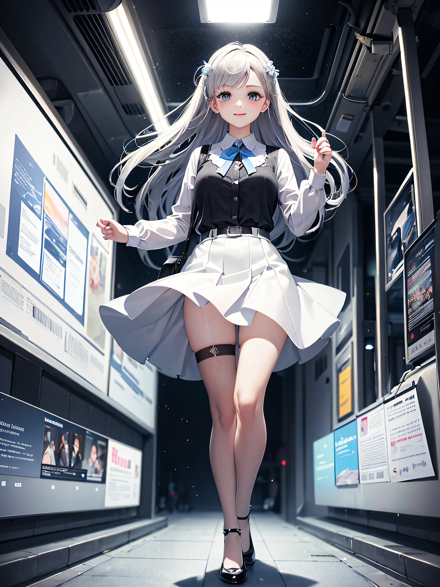 (Masterpiece, high resolution, super detailed,) detailed background, 1 girl, white gold short skirt, transparent clothes, black stockings, facing camera, full body portrait, smile, cute, background moving subway, rainbow atmosphere, sky, white clouds, blue sky