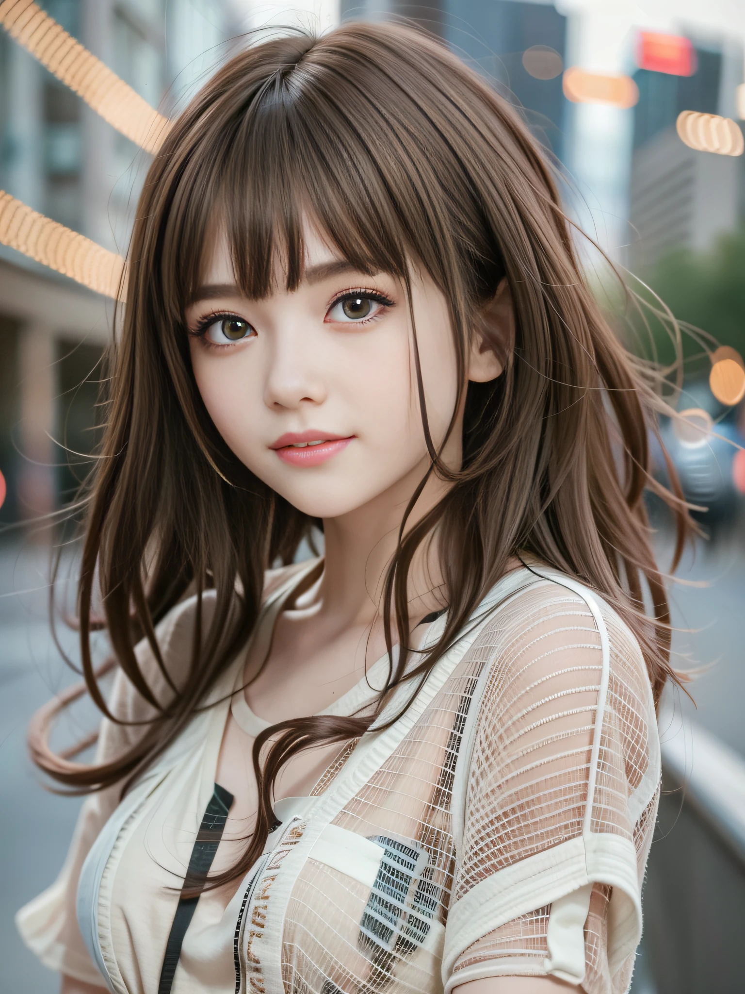 (8k raw photos, highest quality, masterpiece, 8k-UHD), (realistic, photorealistic: 1.37), (anatomically accurate and realistic skin), ultra high resolution, depth of field, film lighting, film grain, very cute 16 year old girl, tips, red eyes, long eyelash, bags under the eyes, cute face, very detailed eyes and hair, skin with beautiful details, happy smile, brown hair, thick bangs, shiny hair, curly, urban, cityscape,