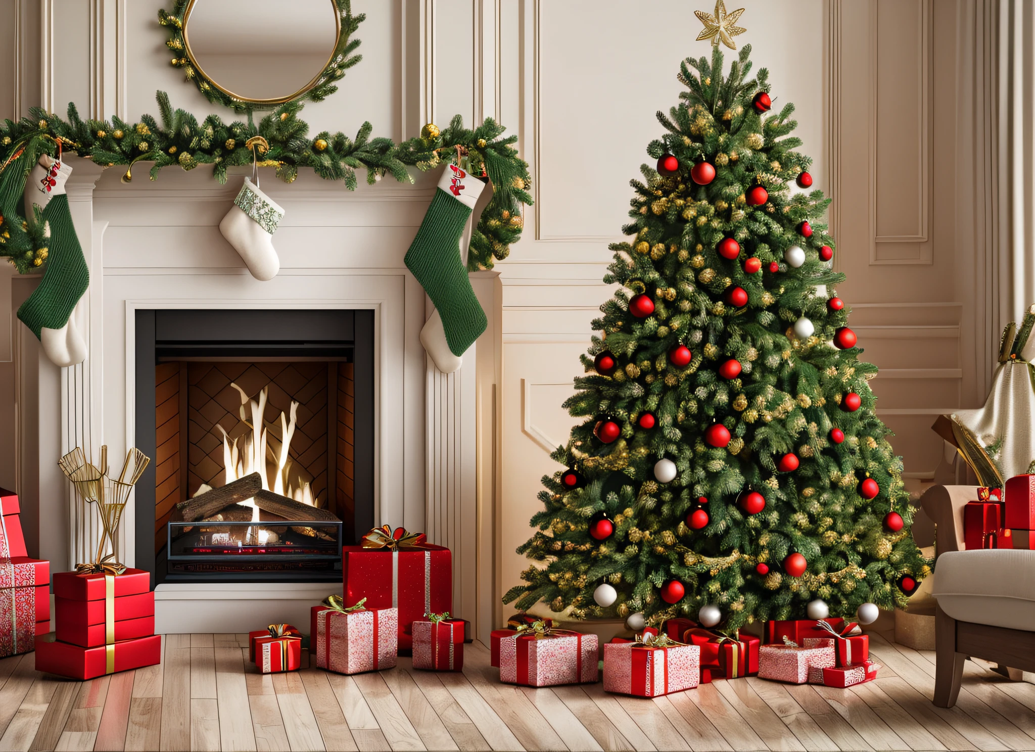 front view full christmas tree, armchair and fireplace, real photography, super realistic rendering, realistic rendering, 8k --auto --s2