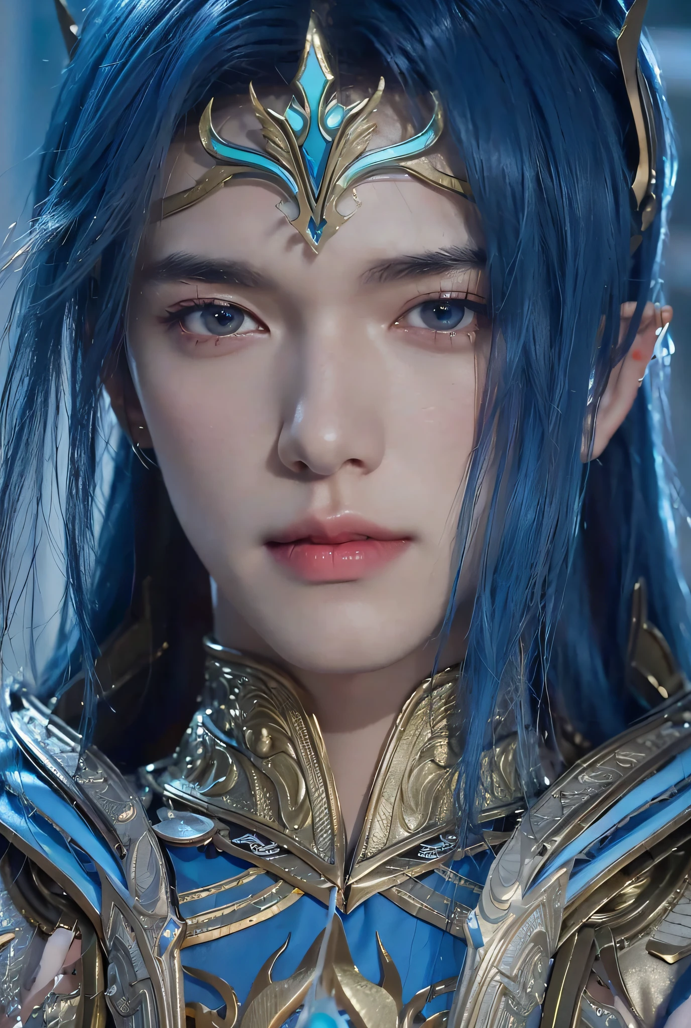 a close up of a person with blue hair and a blue wig, zhao yun, beautiful male elf, heise jinyao, unreal engine render saint seiya, a male elf, 8k highly detailed face, elven male, elven character with smirk, 4 k detail fantasy, blue elf, xianxia fantasy, xianxia hero