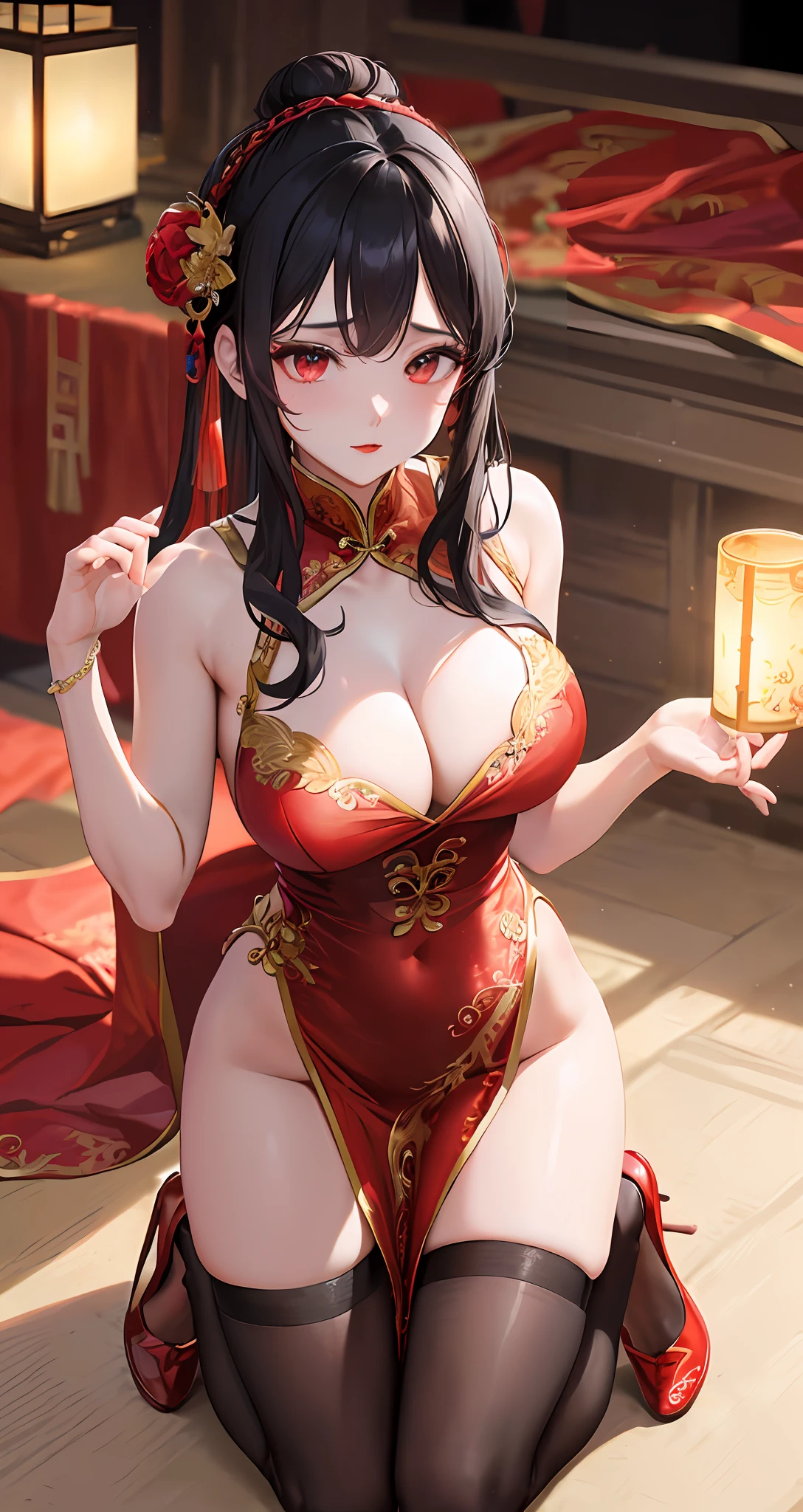 Masterpiece, Superb Body, Extremely Normal Body, Cave House Flower Candle Night, Wedding Scene, (((Single)) (Kneeling Position) Mature Woman, Chinese Style, (Royal Sister), Chinese Costume Red Wedding Dress, Hair Bun, Black Long-haired Woman, (Embroidered Cloth Shoes ++), Black Stockings, Red Lips, Gentle, Intellectual, Three Bands, Wedding Background, Shun, Red Lantern, Festive Atmosphere, Face Close-up, Face Close-up