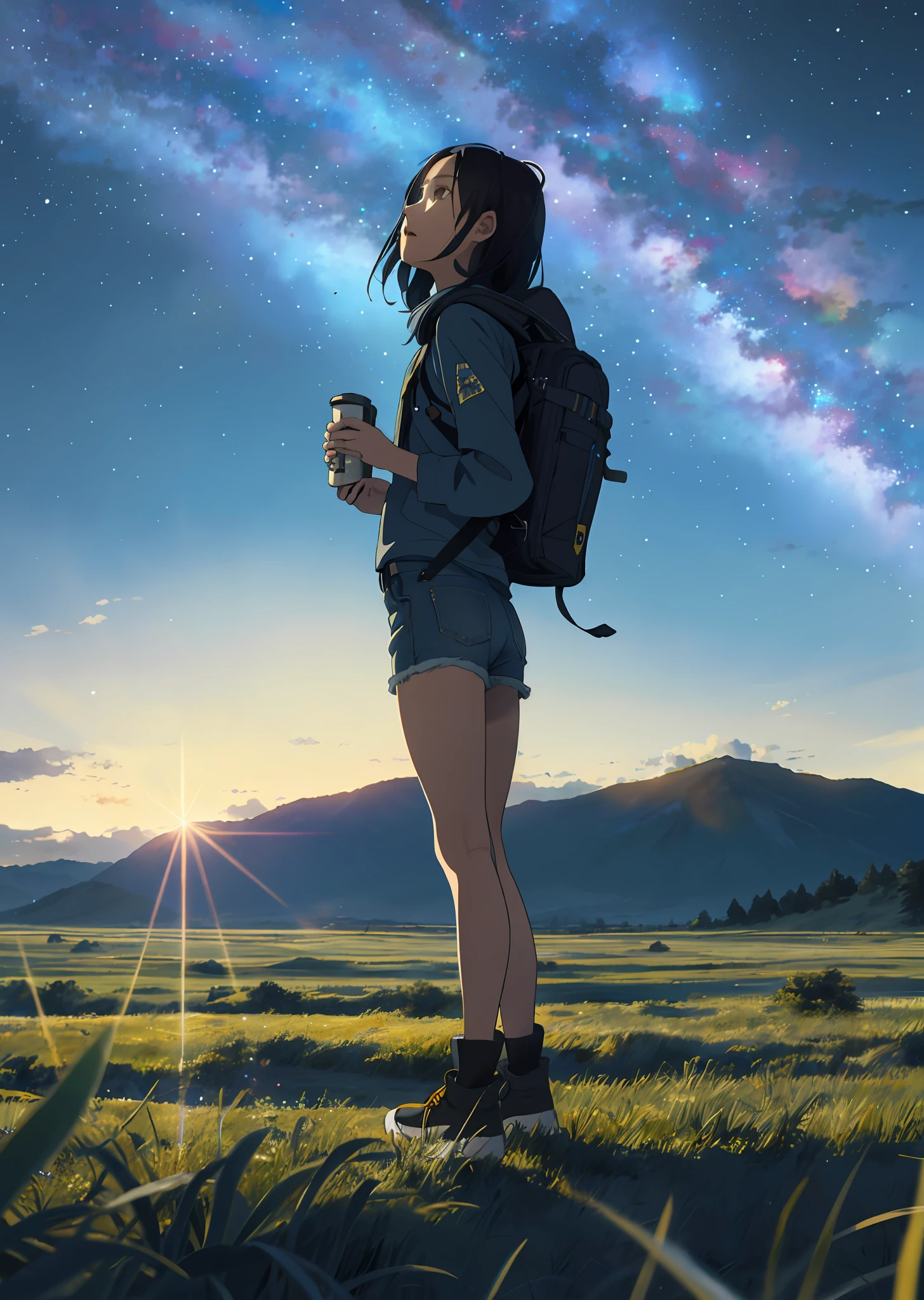 The vast starry sky, the beautiful skyline, the vast grasslands, the extremely tense and dramatic pictures, the moving visual effects, the high-hanging Polaris, and the colorful natural light. A long-sleeved top, denim shorts, and a girl with a backpack.