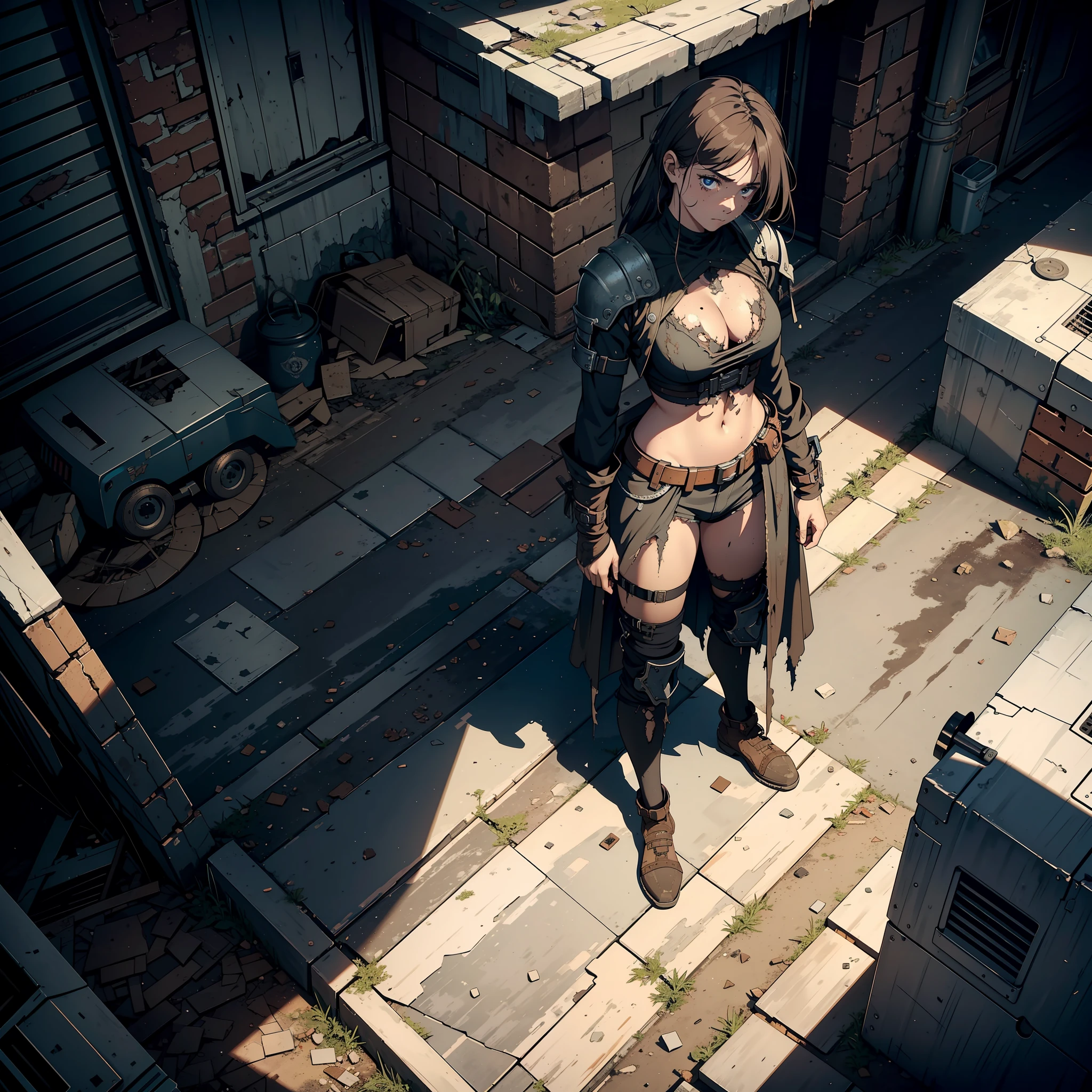 Bird's eye view, full body display, original photos, ultra-realistic, (masterpiece, 8k UHD, HDR, extremely detailed, intricate details, best quality, professional, dark colors), wasteland world, broken clothing, many stains and wounds on the body, many stains and wounds on the body, a girl who sells her body, unhappy expression, sad and innocent expression, apocalyptic world, plague, ruined buildings, abandoned vehicles, mechanical modifications, waste reuse, broken costumes and violent scenes. Dull tones, rusty surfaces, messy textures and waste, dark black tones,