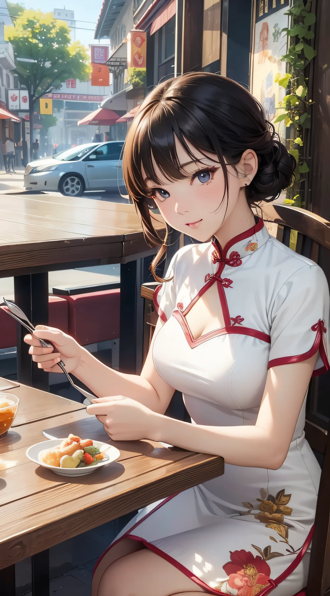 (close-up of art style, ultra-high-definition 8K, masterpiece CG wallpaper), movie-level lighting, cute girl, delicate and beautiful face, dream eyes, cheongsam, sitting at the table in an outdoor restaurant, beautiful figure, fashion illustration.
