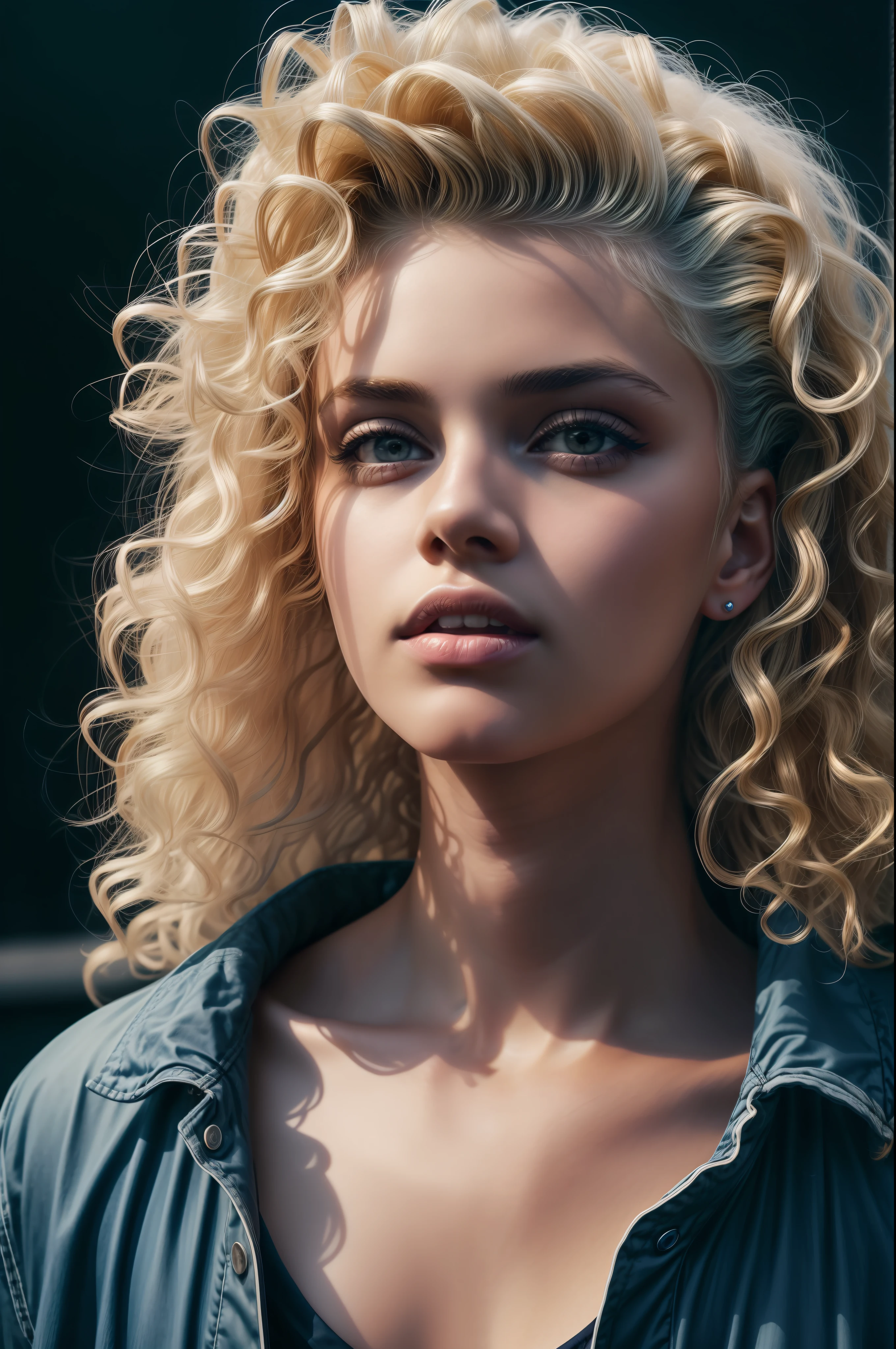 1girl blonde, curly hair, (hi-top fade: 1.3), dark theme, soft tones, soft colors, high contrast, (natural skin texture, hyperrealism, soft light, sharp), exposure mix, medium shot, bokeh, (hdr:1.4), high contrast, (cinematic, navy blue and orange:0.85), (soft colors, dark colors, soft tones:1.3), low saturation, (hyperdetailed:1.2), (noir:0.4)