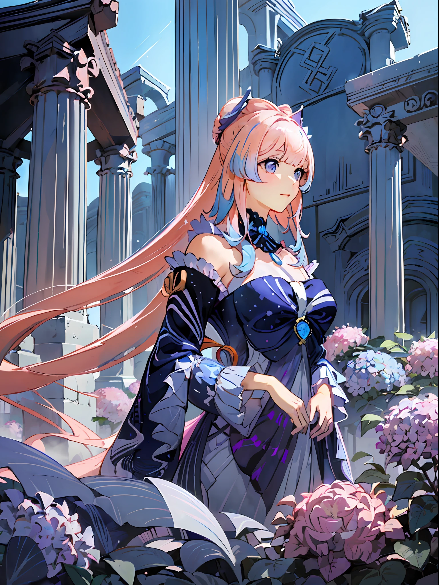 ((masterpiece,best quality)),(negative space:1.4),(1girl, solo:1.4),beautiful detailed eyes,floating pastel pink hair, breasts,long hair, lavender hydrangea flowers around, hydrangea flowers, lavender flowers, pink flowers, ancient ruins, columns, greek architecture