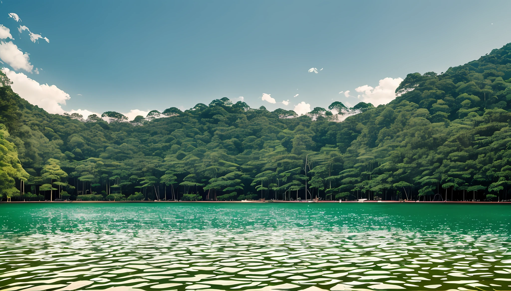 rubber forest, coffee forest, low-rise natural building, white, lake in foreground, surrealism, shadow, relief, pov, cubism, chiaroscuro, depth of field, symmetry, panorama, 8k, high detail, hotel complex on the waterfront, extended boardwalk and activity platform in the water --auto --s2