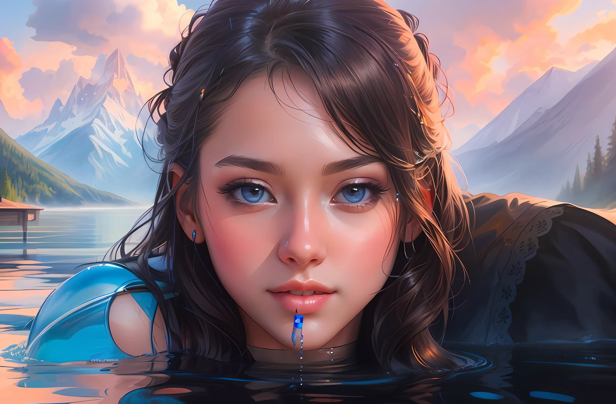 there is a woman that is in the water with a mountain in the background, beautiful digital artwork, realistic digital art 4 k, realistic digital art 4k, stunning digital illustration, 4k highly detailed digital art, 4k detailed digital art, cute detailed digital art, rossdraws portrait, 8k stunning artwork, detailed painting 4 k, epic portrait illustration --auto --s2