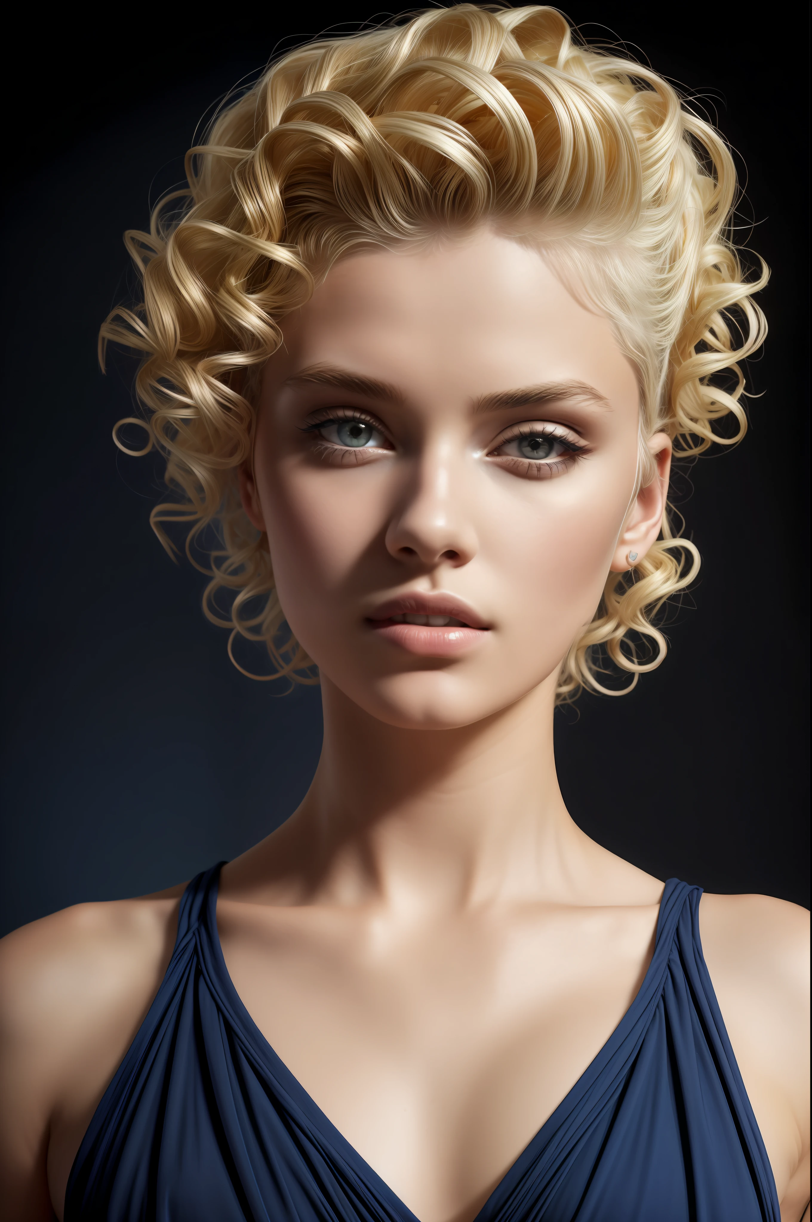 1girl blonde, curly hair, (hi-top fade: 1.3), dark theme, soft tones, soft colors, high contrast, (natural skin texture, hyperrealism, soft light, sharp), exposure mix, medium shot, bokeh, (hdr:1.4), high contrast, (cinematic, navy blue and orange:0.85), (soft colors, dark colors, soft tones:1.3), low saturation, (hyperdetailed:1.2), (noir:0.4)