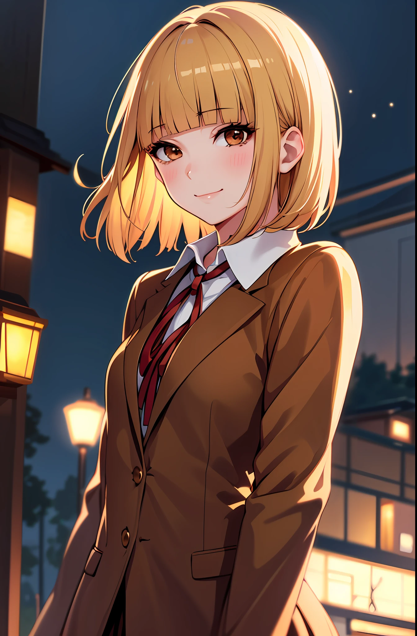 (masterpiece,best quality, detailed), 1girl, solo, outdoors, evening, upper body, smile, closed mouth, squinting, eyelashes,
midorikawa hana, brown jacket, neck ribbon, collared shirt, school uniform