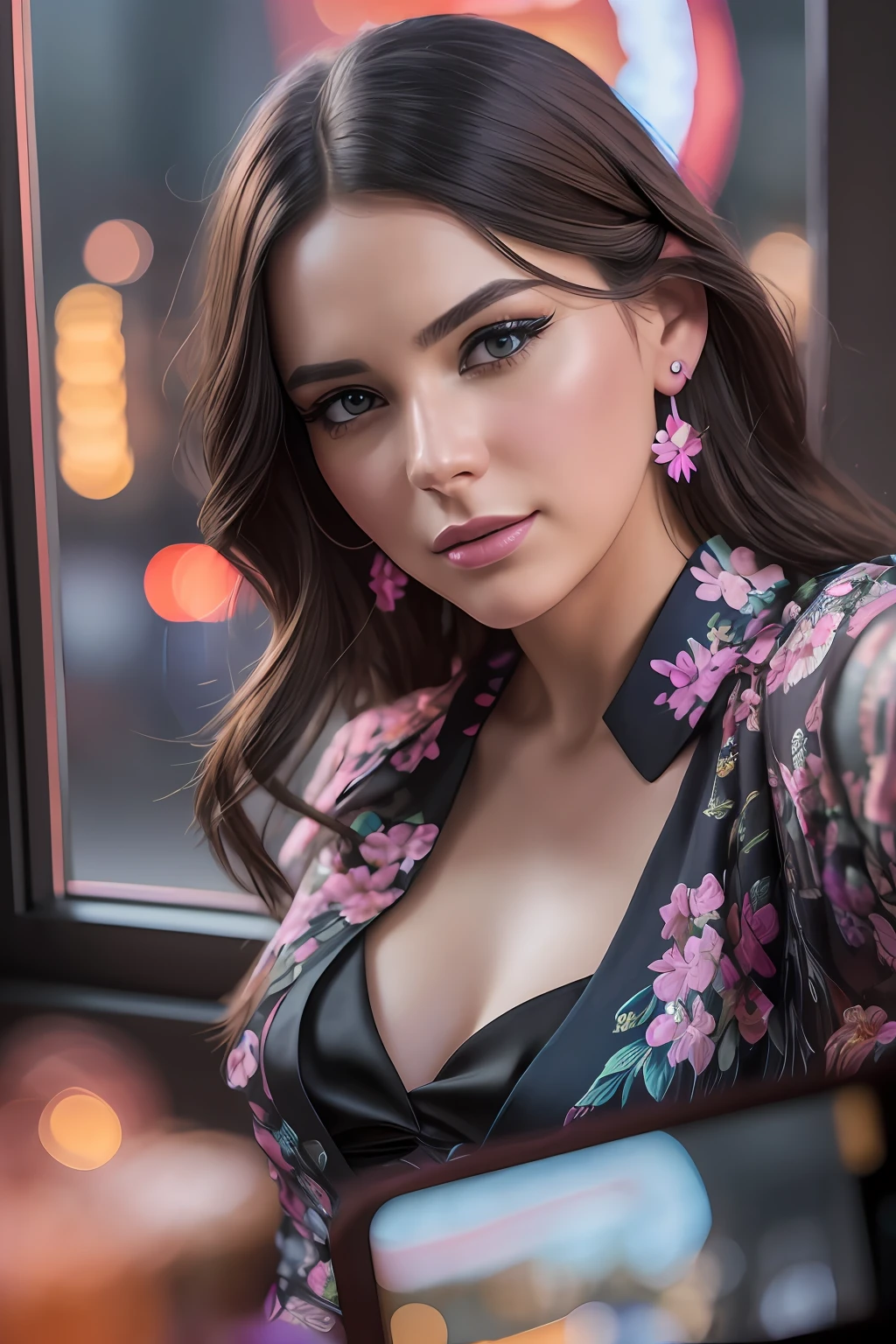 ((Selfie:1.1)), (raw:1.1) photo of (brunette Maj1j3j01-1500:0.99), a woman as a model, modelshoot style, (extremely detailed CG 8k wallpaper unit), photo of the world's most beautiful artwork, majestic professional oil painting by Ed Blinkey, Atey Ghailan, Studio Ghibli, by Jeremy Mann, Greg Manchess, Antonio Moro, trend at ArtStation, trend at CGSociety, Intricate, High detail, sharp focus, dramatic and photorealistic painting art by midjourney and greg rutkowski, (day:1.2), (dimly lit), (neon lights:1.2), (carnival:1.1), (makeup:1.1), ((window in the background)), ((flowery blouse:1.2)), (looking at the viewer:1.3), (detailed students:1.3), (modern clothing:1.2), (club makeup:1.2), (closeup:1.3), (earrings).