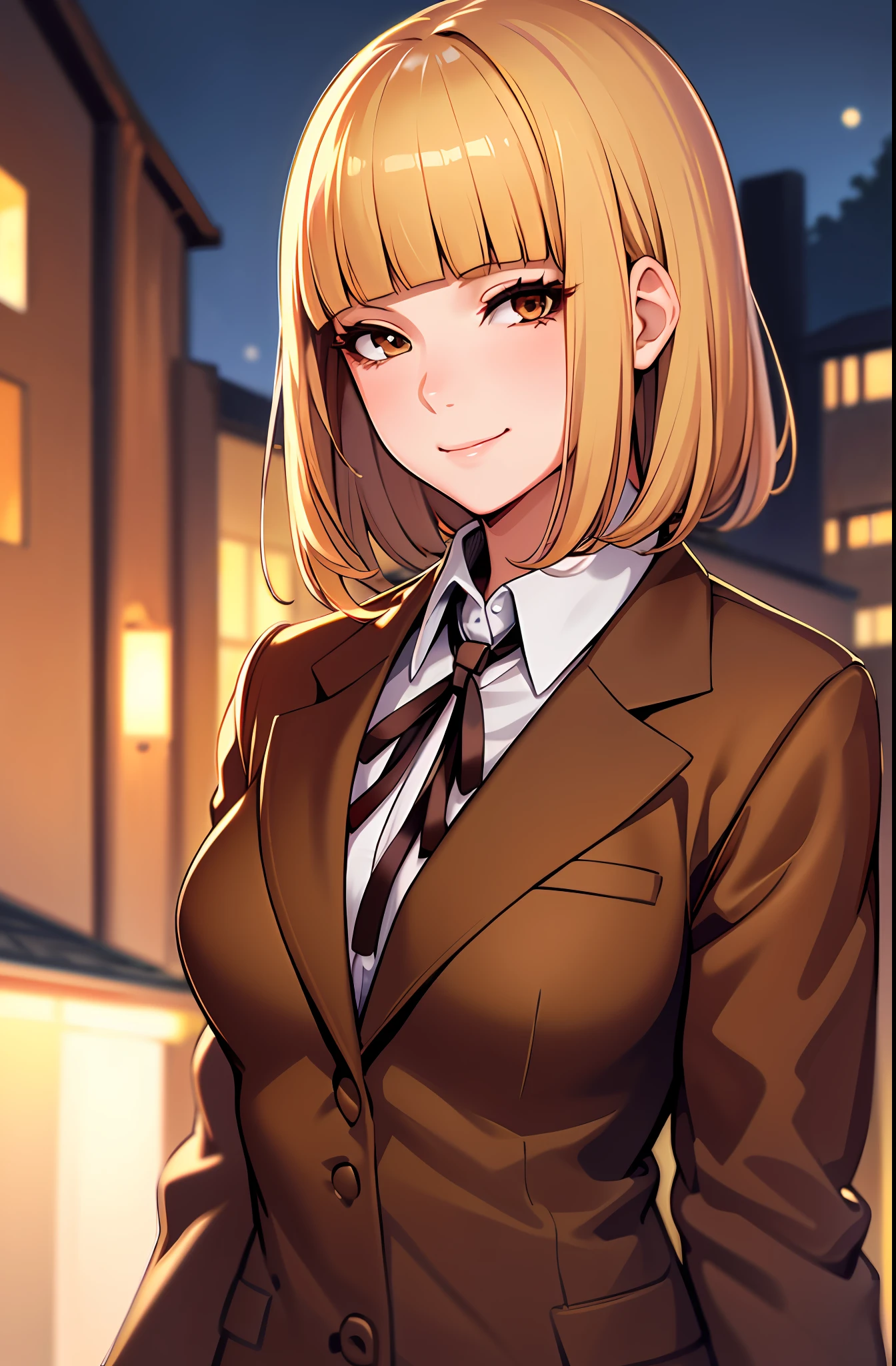 (masterpiece,best quality, detailed), 1girl, solo, outdoors, evening, upper body, smile, closed mouth, squinting, eyelashes,
midorikawa hana, brown jacket, neck ribbon, collared shirt, school uniform