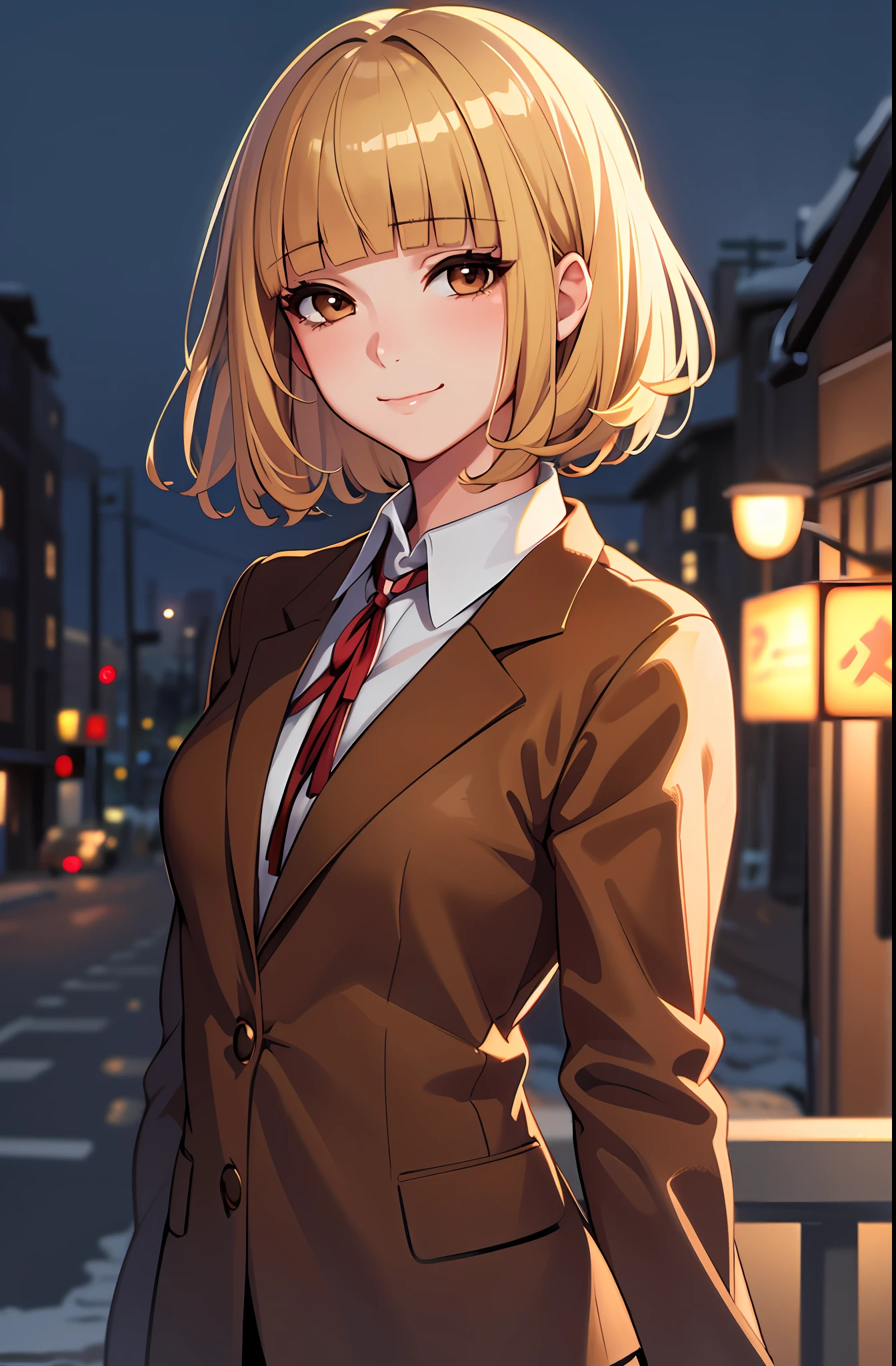 (masterpiece,best quality, detailed), 1girl, solo, outdoors, evening, upper body, smile, closed mouth, squinting, eyelashes,
midorikawa hana, brown jacket, neck ribbon, collared shirt, school uniform