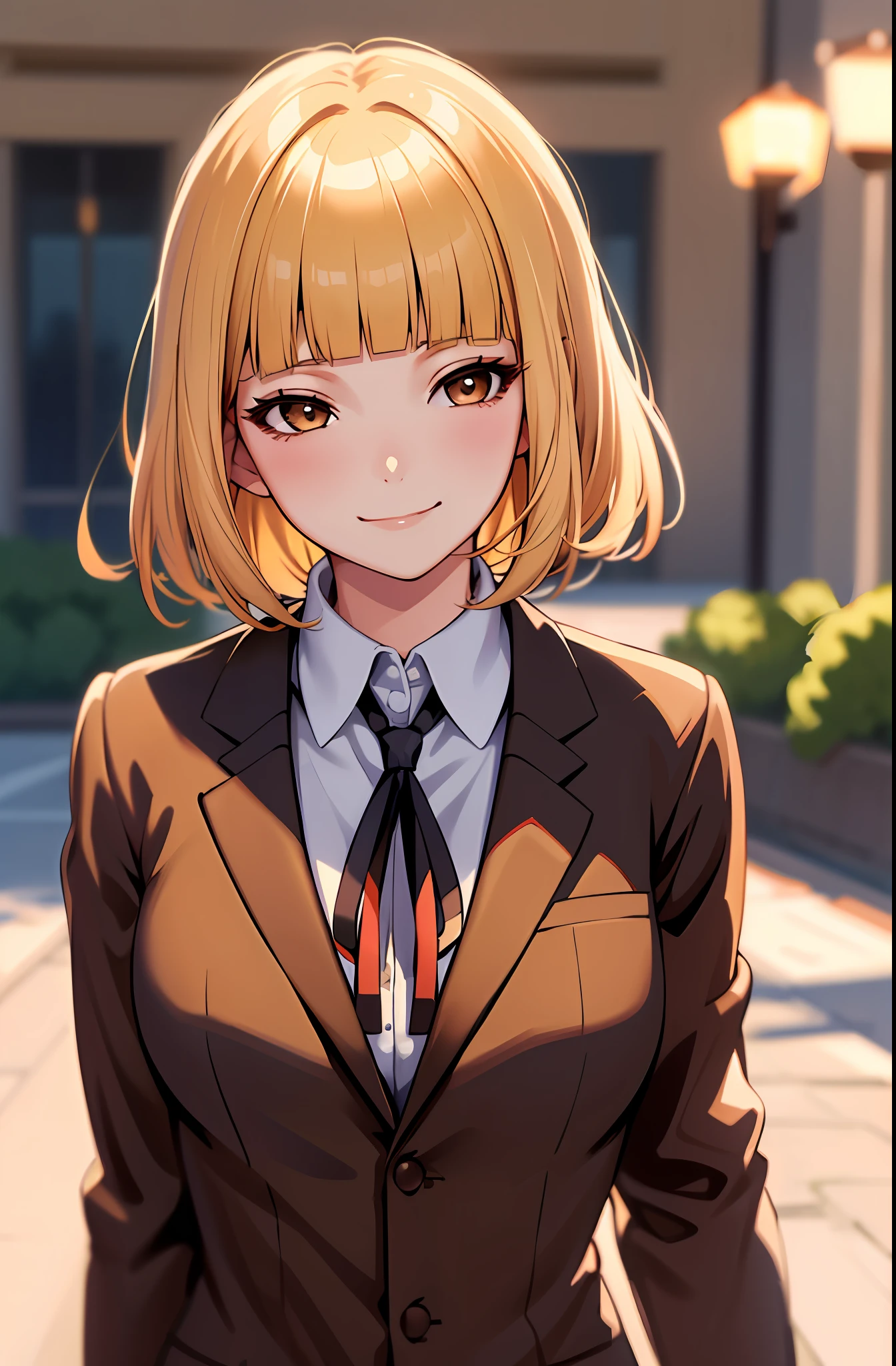 (masterpiece,best quality, detailed), 1girl, solo, outdoors, evening, upper body, smile, closed mouth, squinting, eyelashes,
midorikawa hana, brown jacket, neck ribbon, collared shirt, school uniform